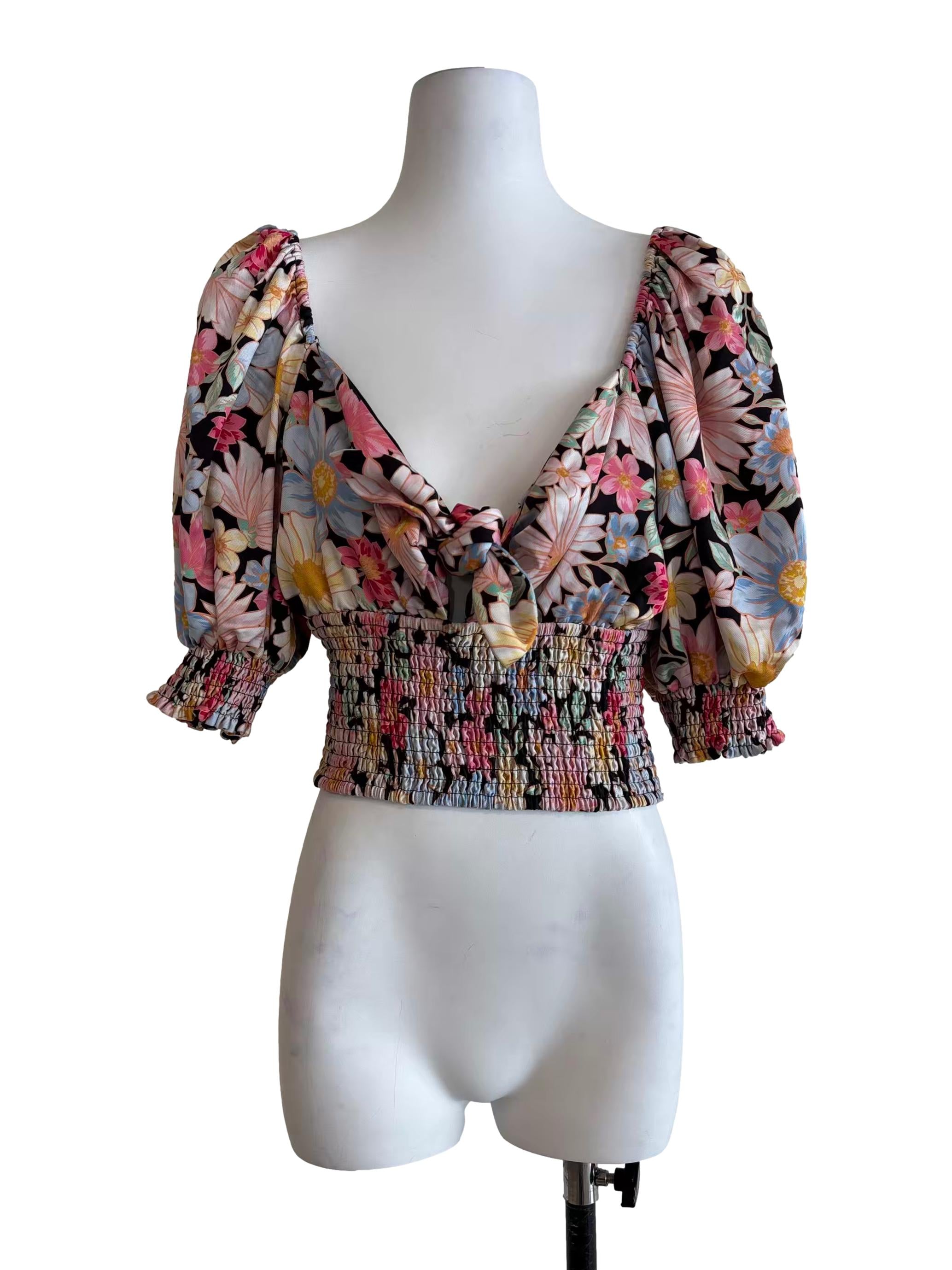 Black And Pink Smocked Floral Blouse