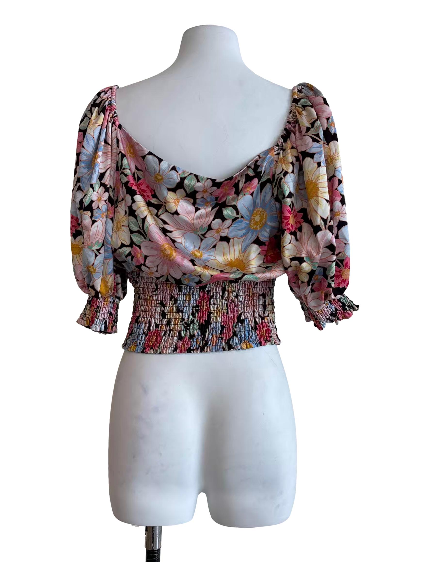 Black And Pink Smocked Floral Blouse
