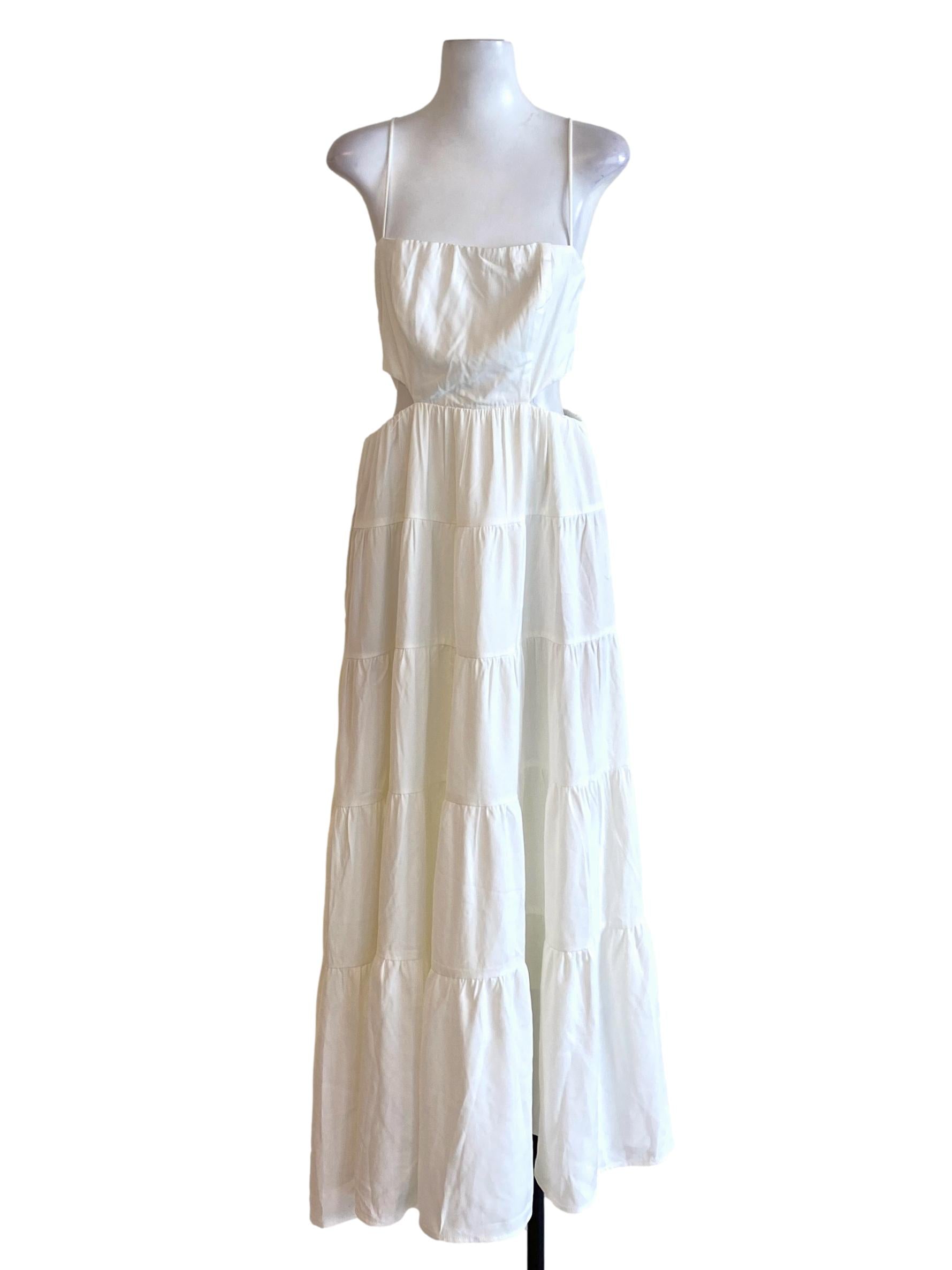 Daisy White Square Neck Cut Out Waist Tiered Dress