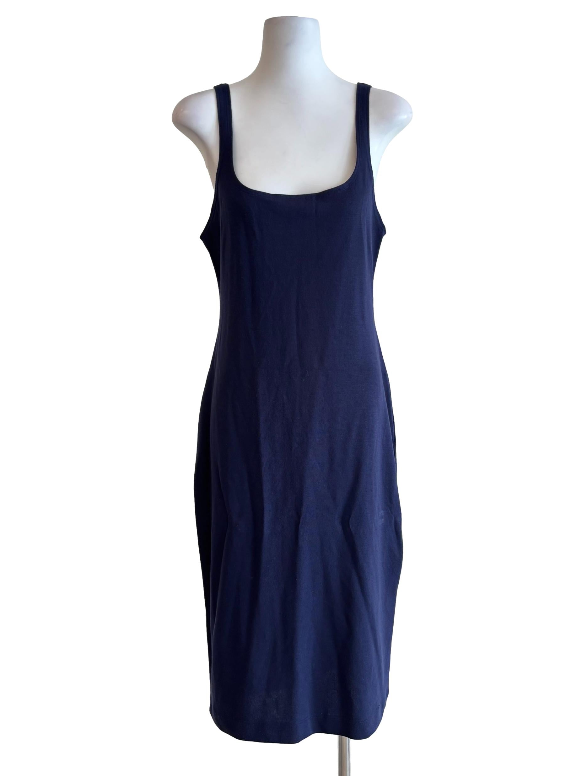 Navy Blue Scoop Neck Cotton Pencil Dress