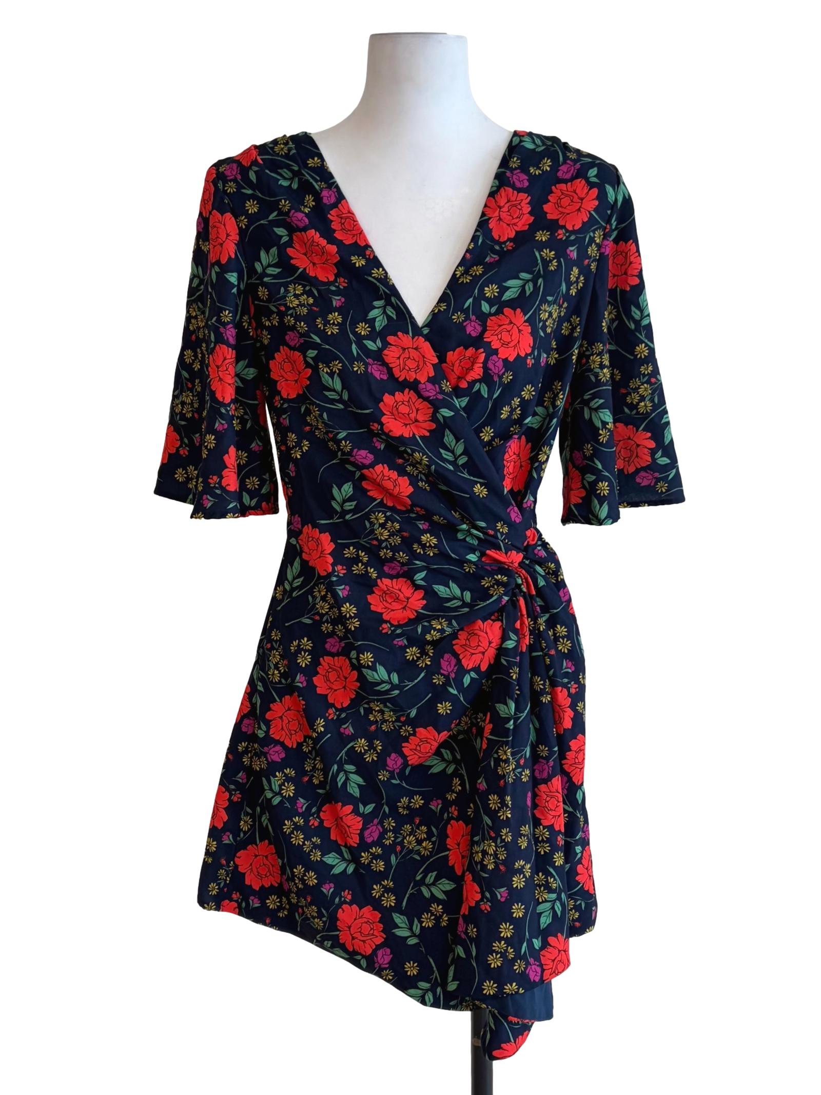 Deep Blue Floral Printed Ruched Side V-Neck Dress