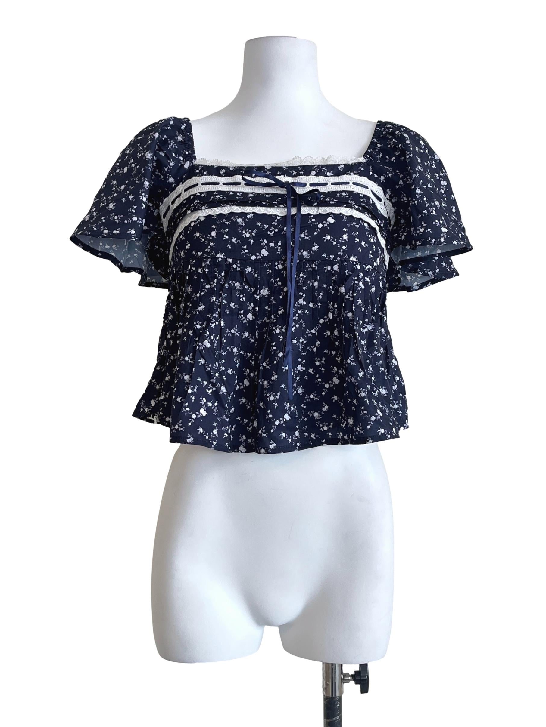 Navy Blue Square Puff Sleeve Top