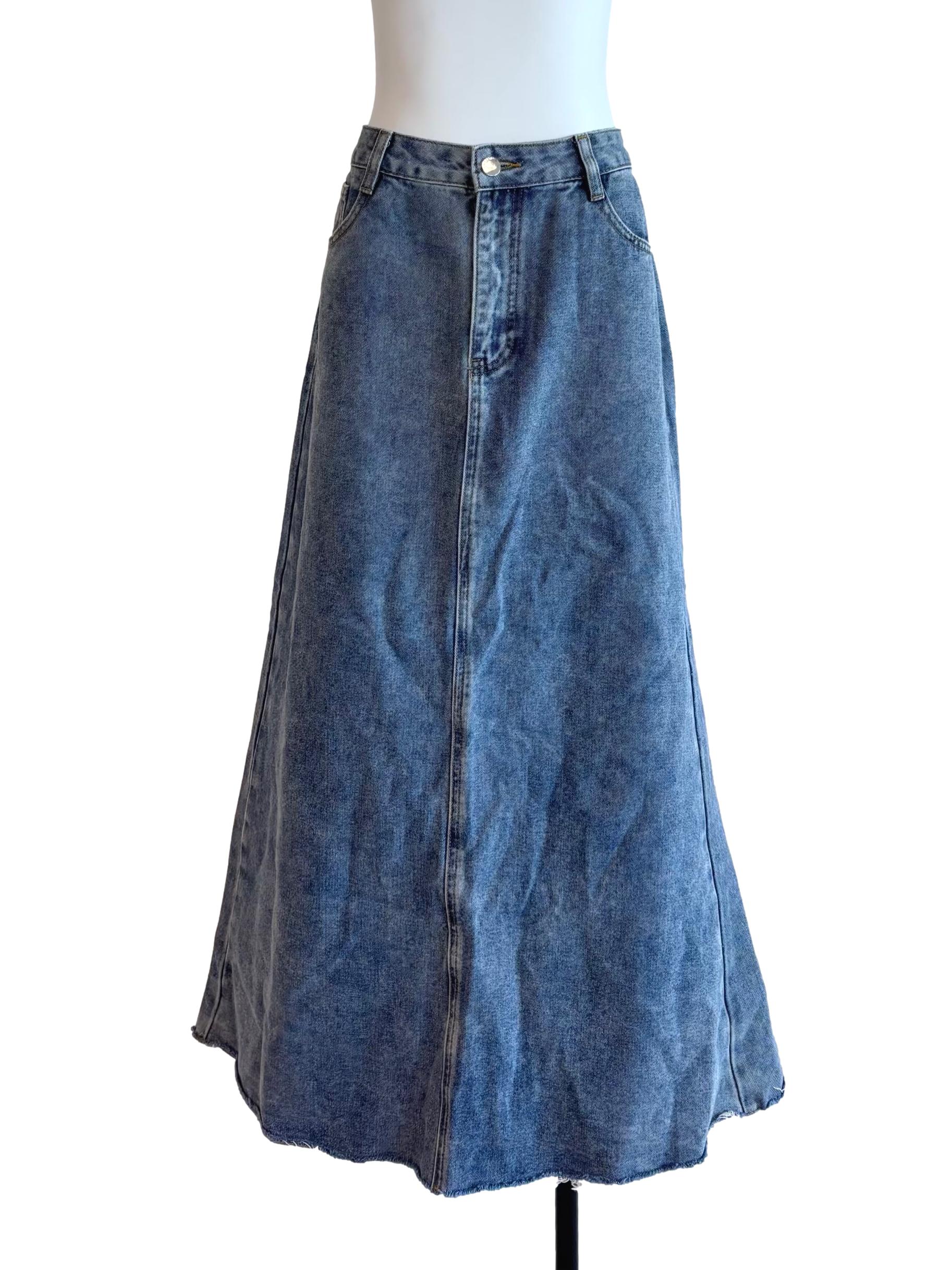Washed Blue Denim Maxi Skirt