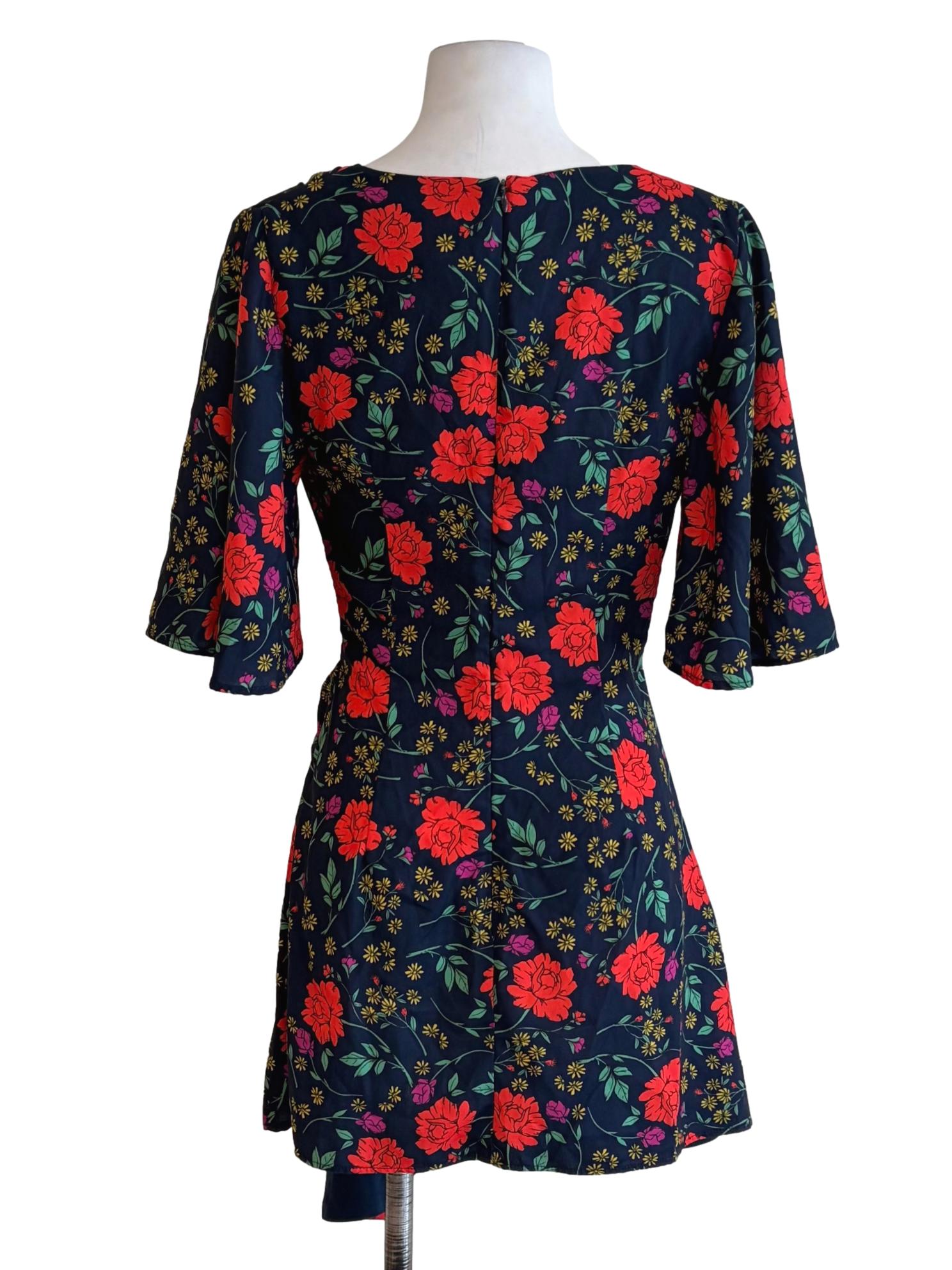 Deep Blue Floral Printed Ruched Side V-Neck Dress
