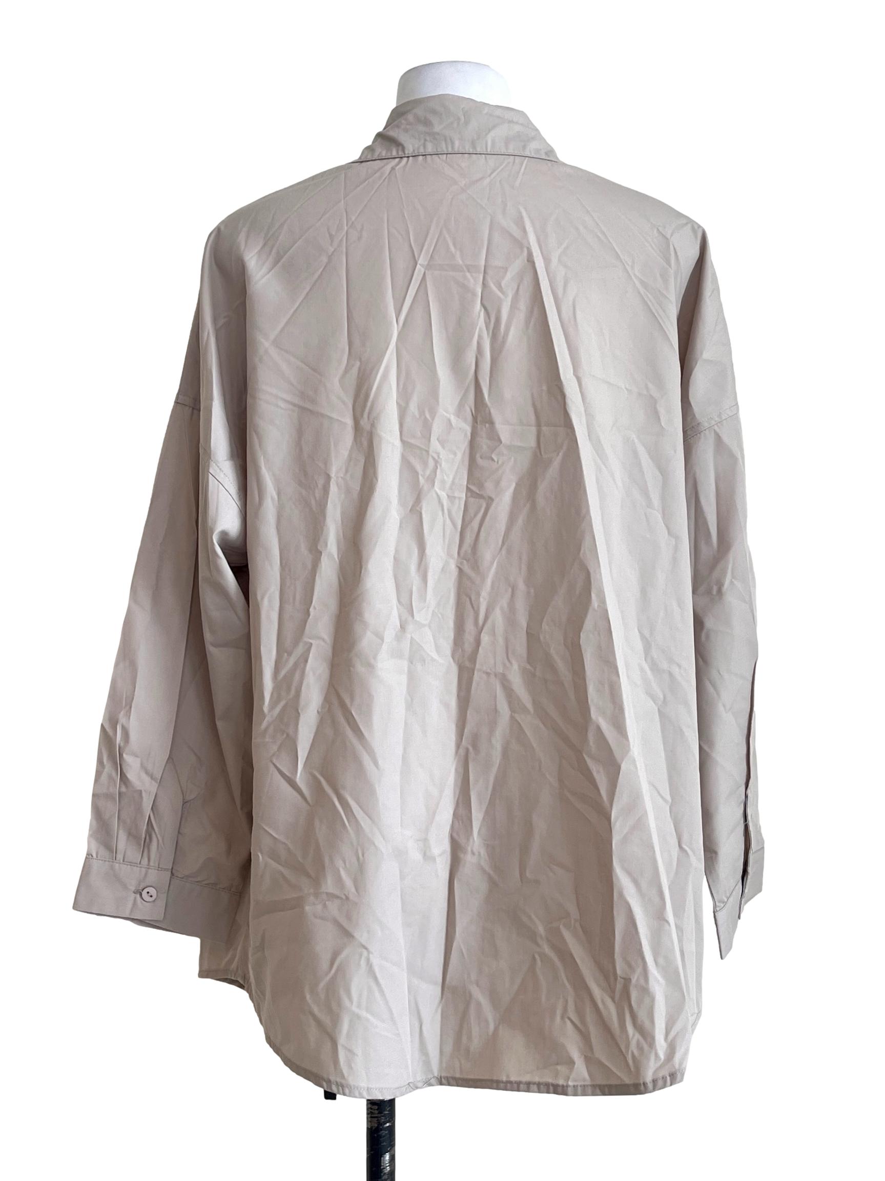 Beige White Down Button Long Sleeve Top TTR