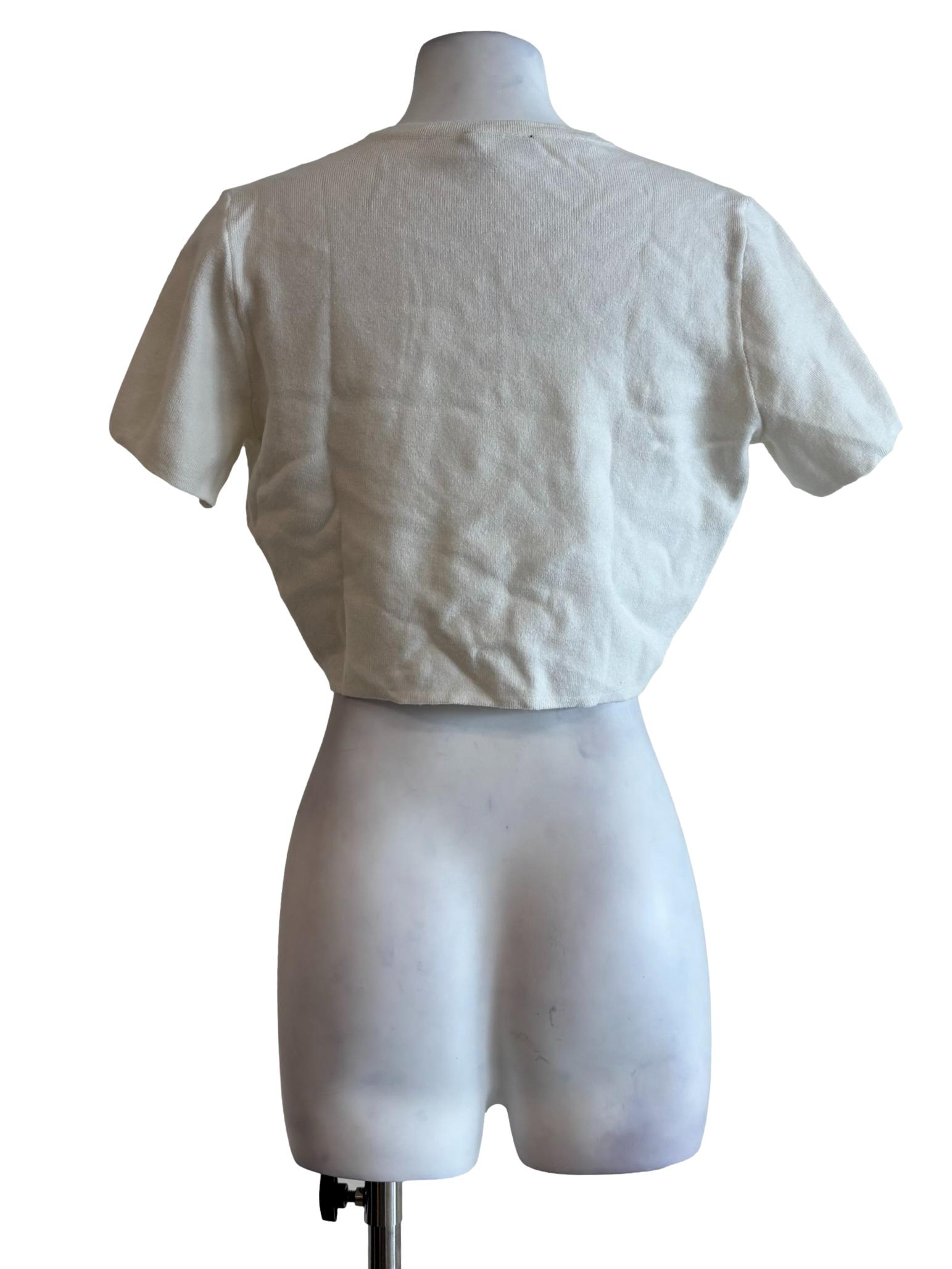 Powder White Cropped Pearl Button Knit Top