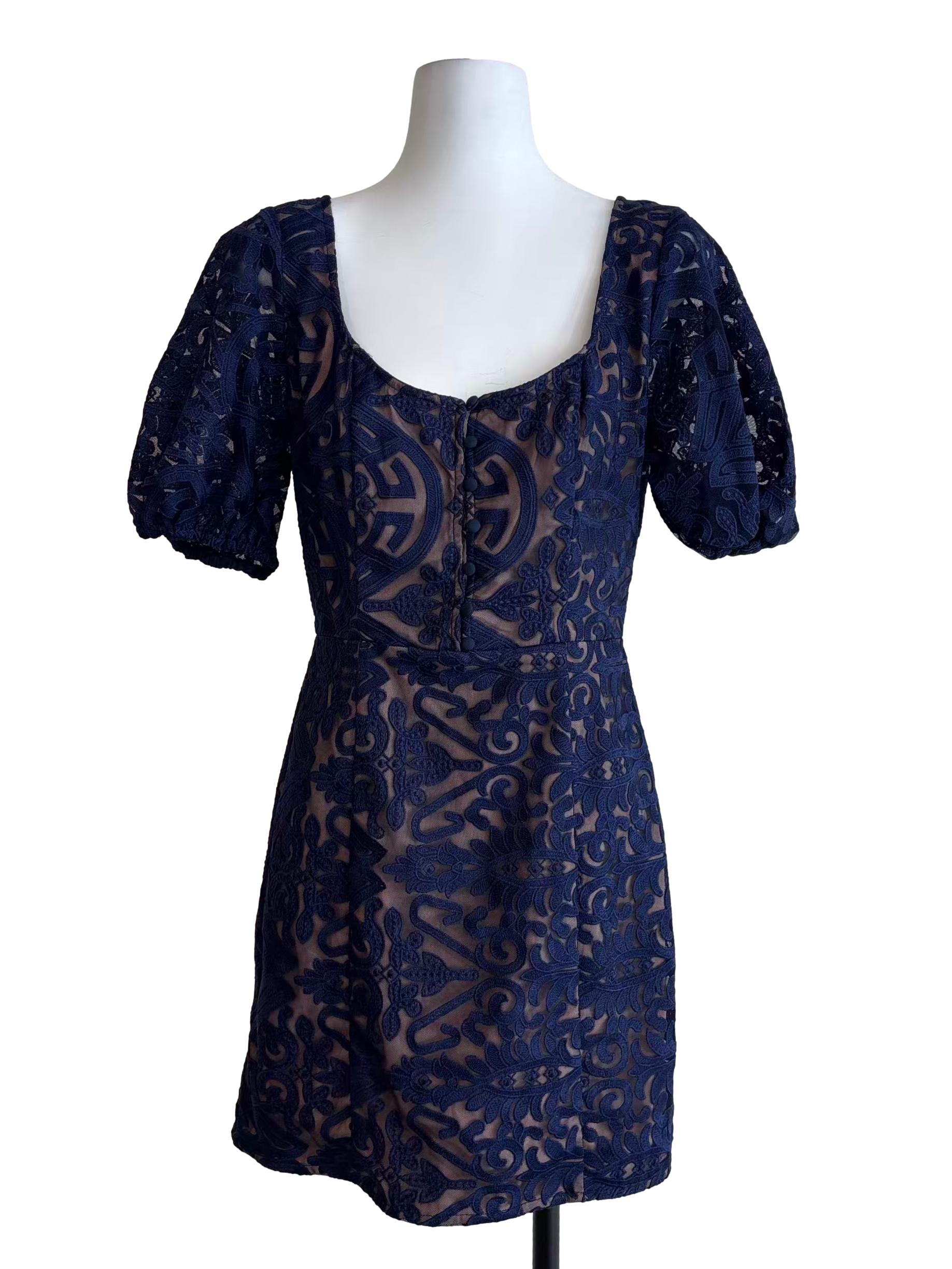 Navy Blue Short Sleeve Embroidered Dress