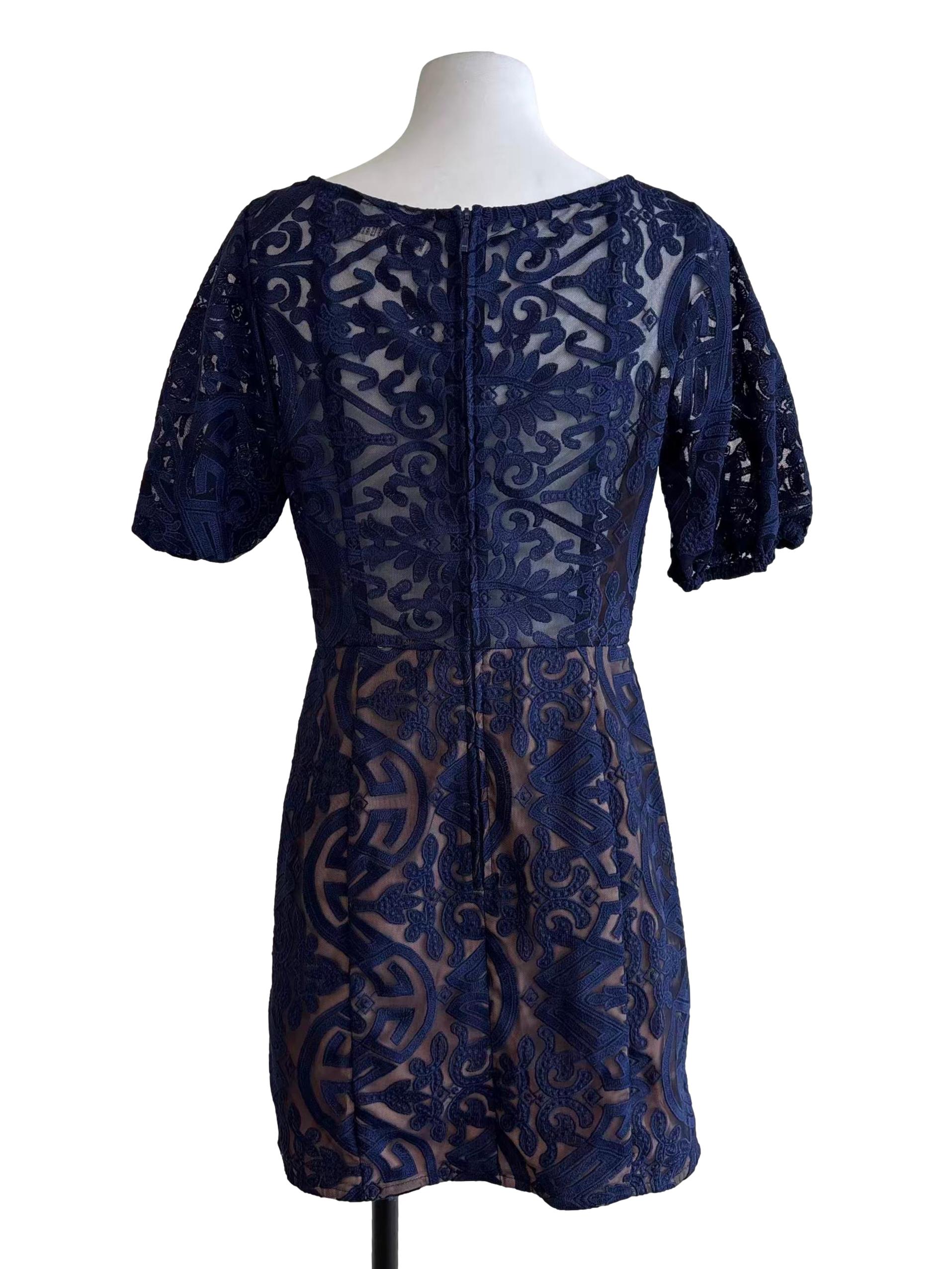 Navy Blue Short Sleeve Embroidered Dress