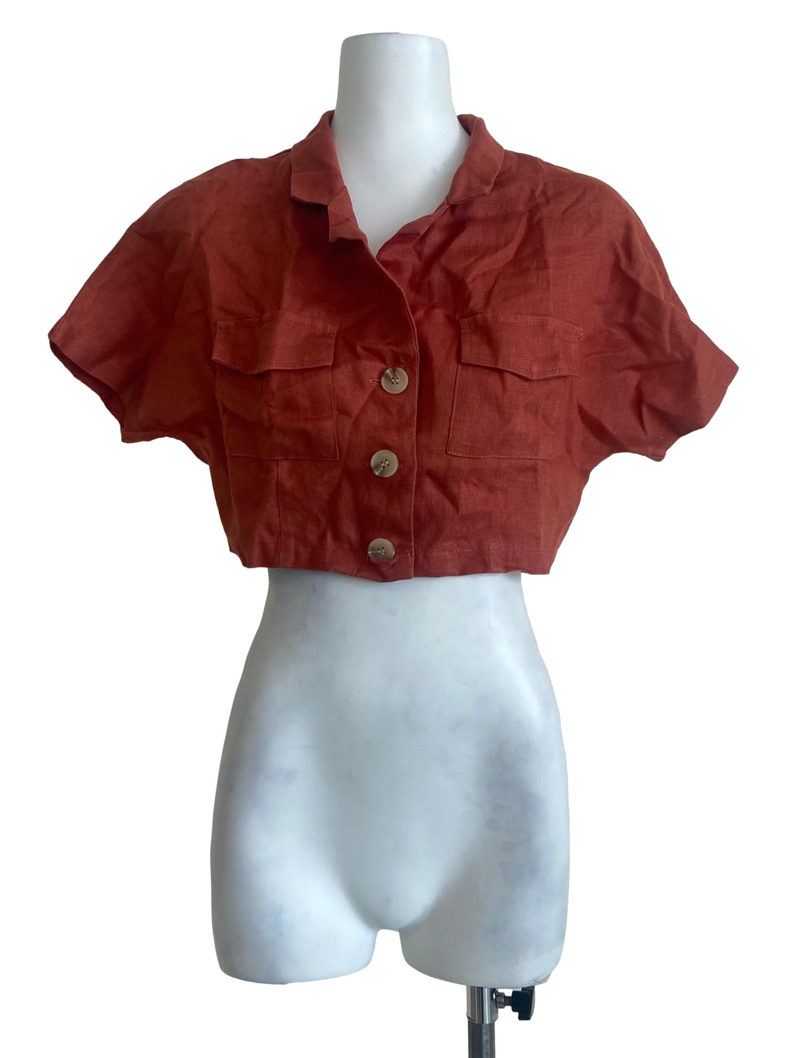 Orange Button Down Crop Blouse
