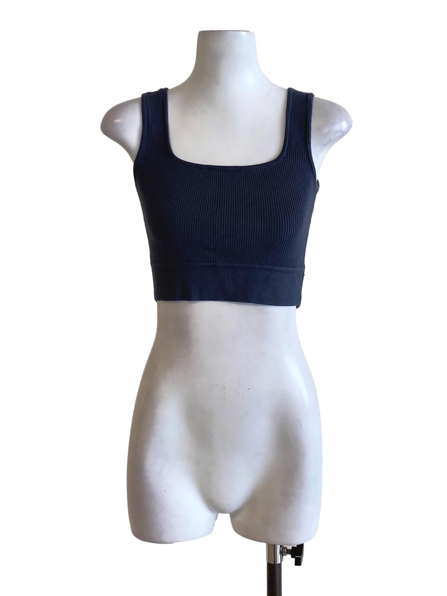 Dark Stone Blue Knitted Square Neck Fit Cropped Top