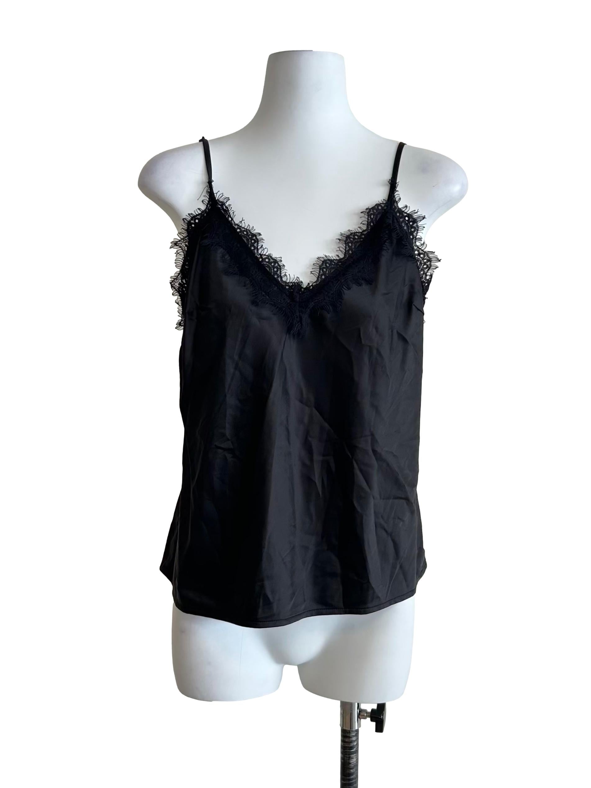 Black Satin Lace-Trim Cami Top