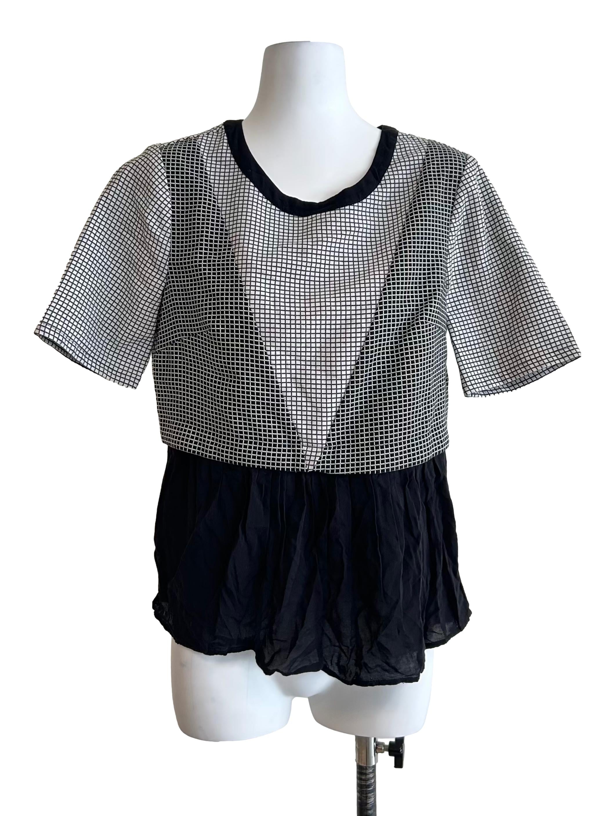 Black And White Mesh Grid Short-Sleeve Top