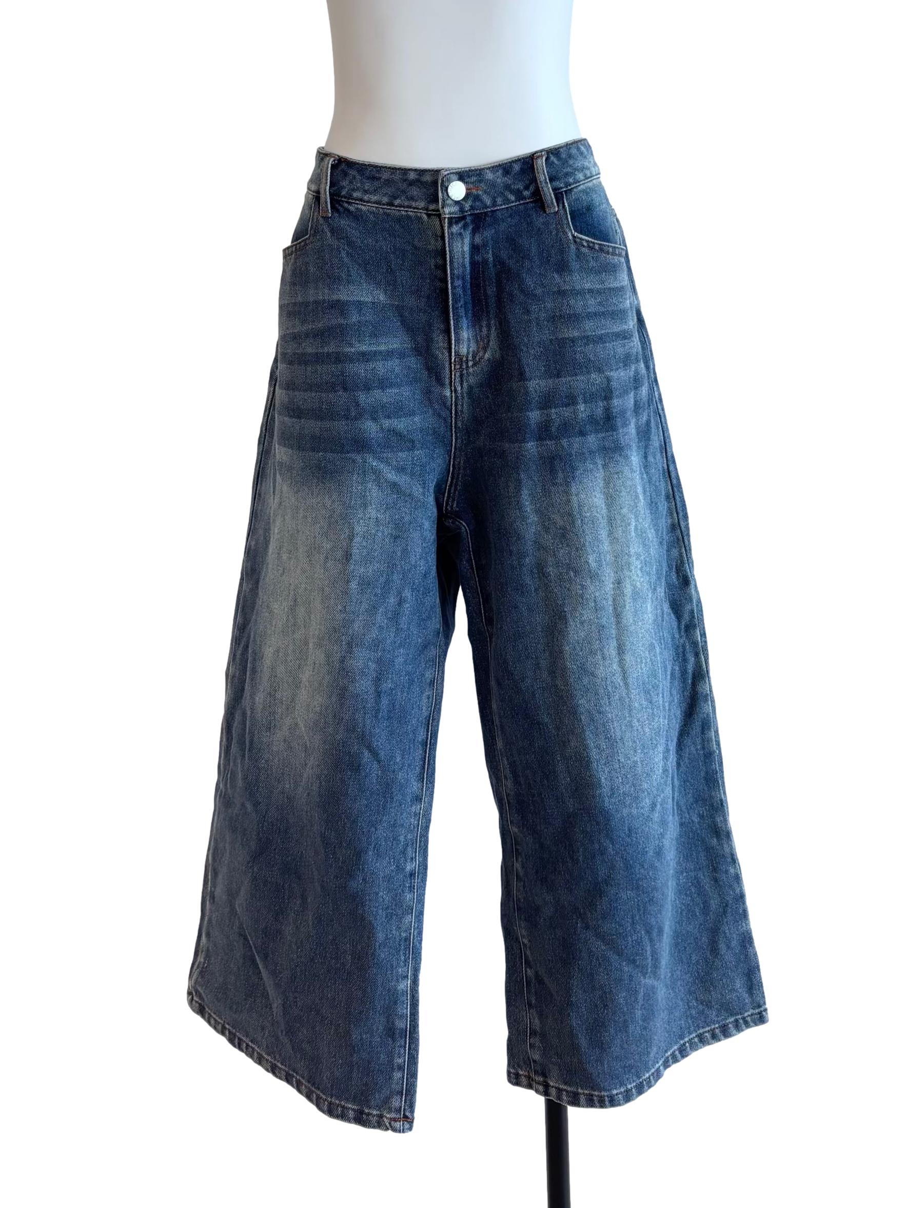 Acid Washed Blue High Ankle Wide Jeans