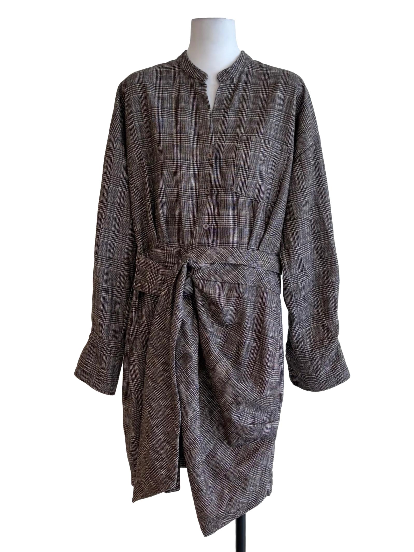 Fog Grey Plaid Button Down Front Twist Dress