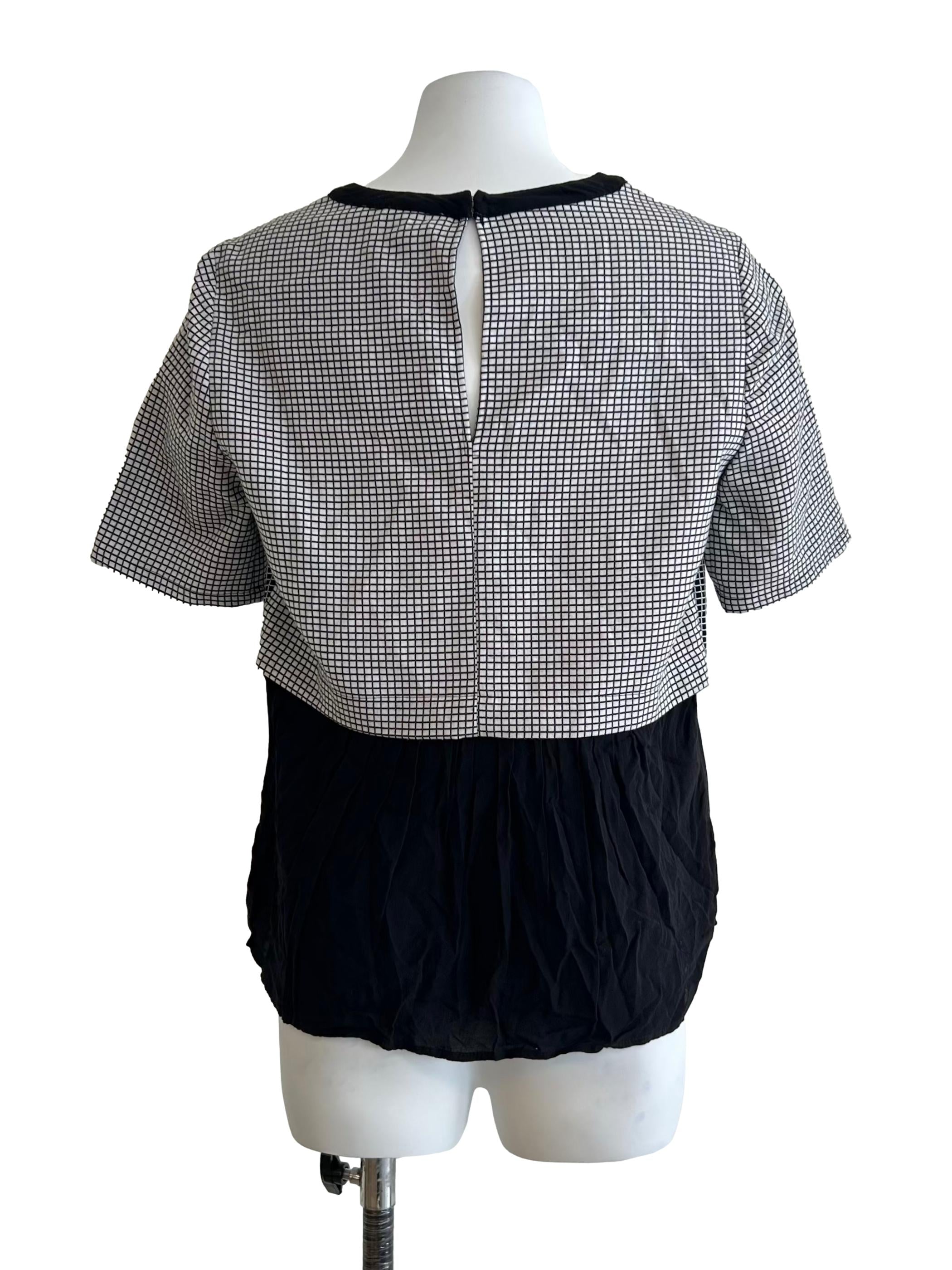 Black And White Mesh Grid Short-Sleeve Top
