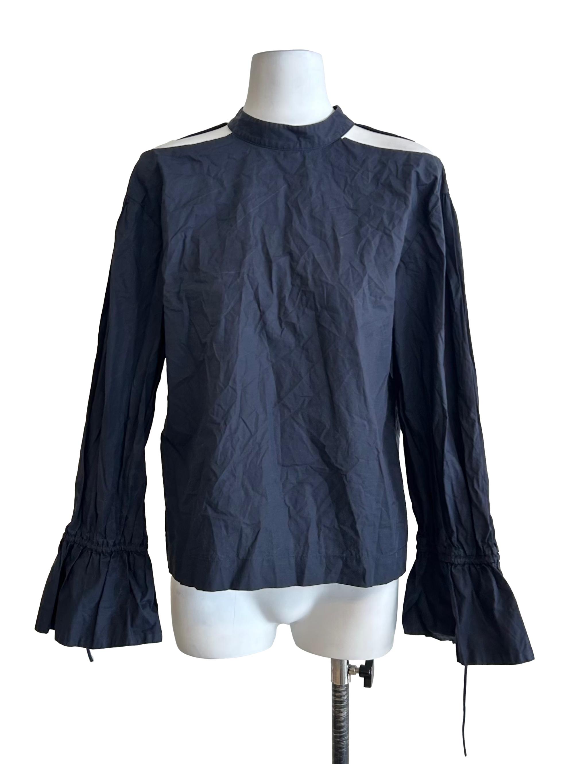 Spruce Blue High-Neck Long-Sleeve Blouse