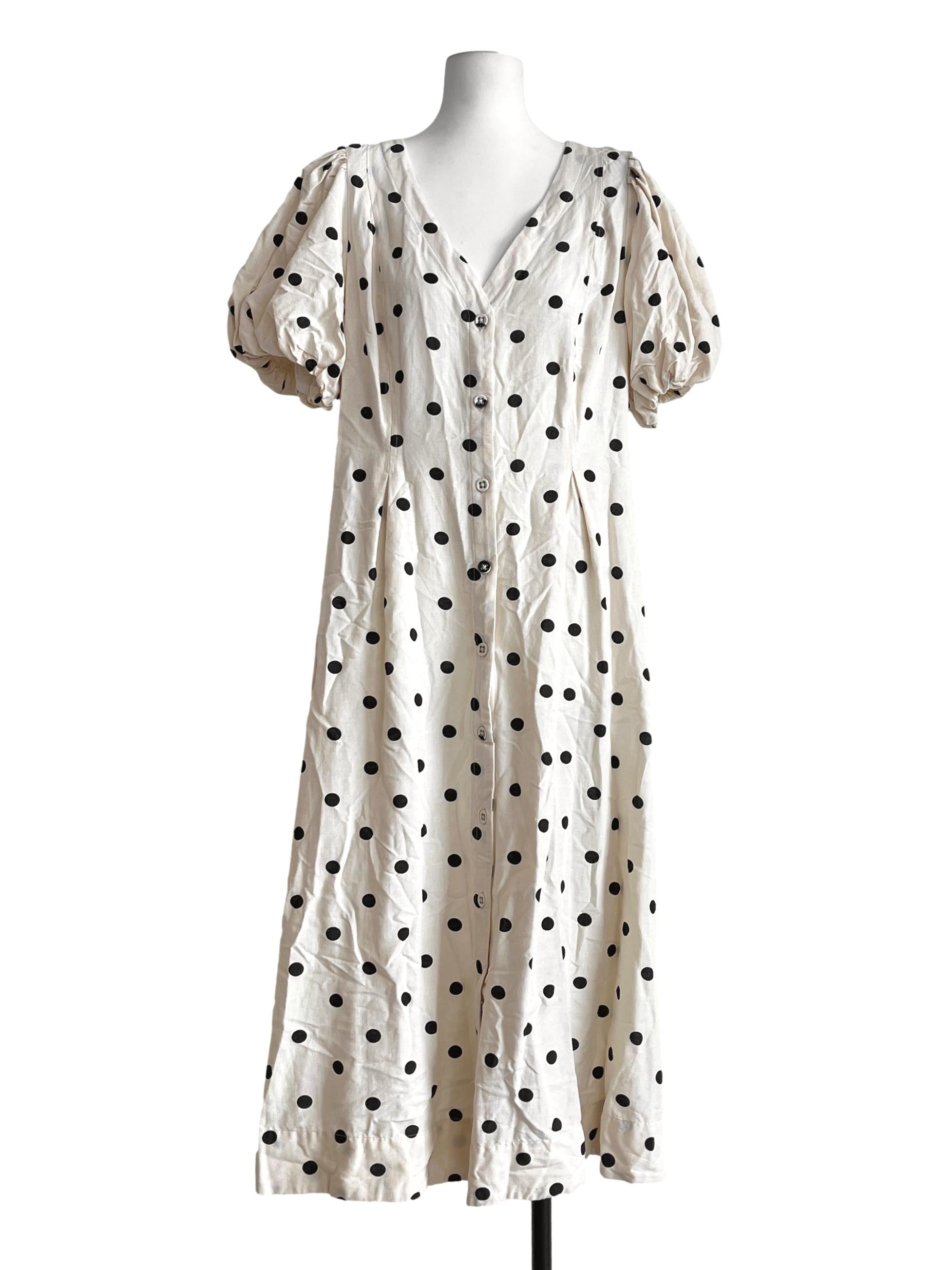 Cream White V-Neck Puff Sleeve Shift Dress