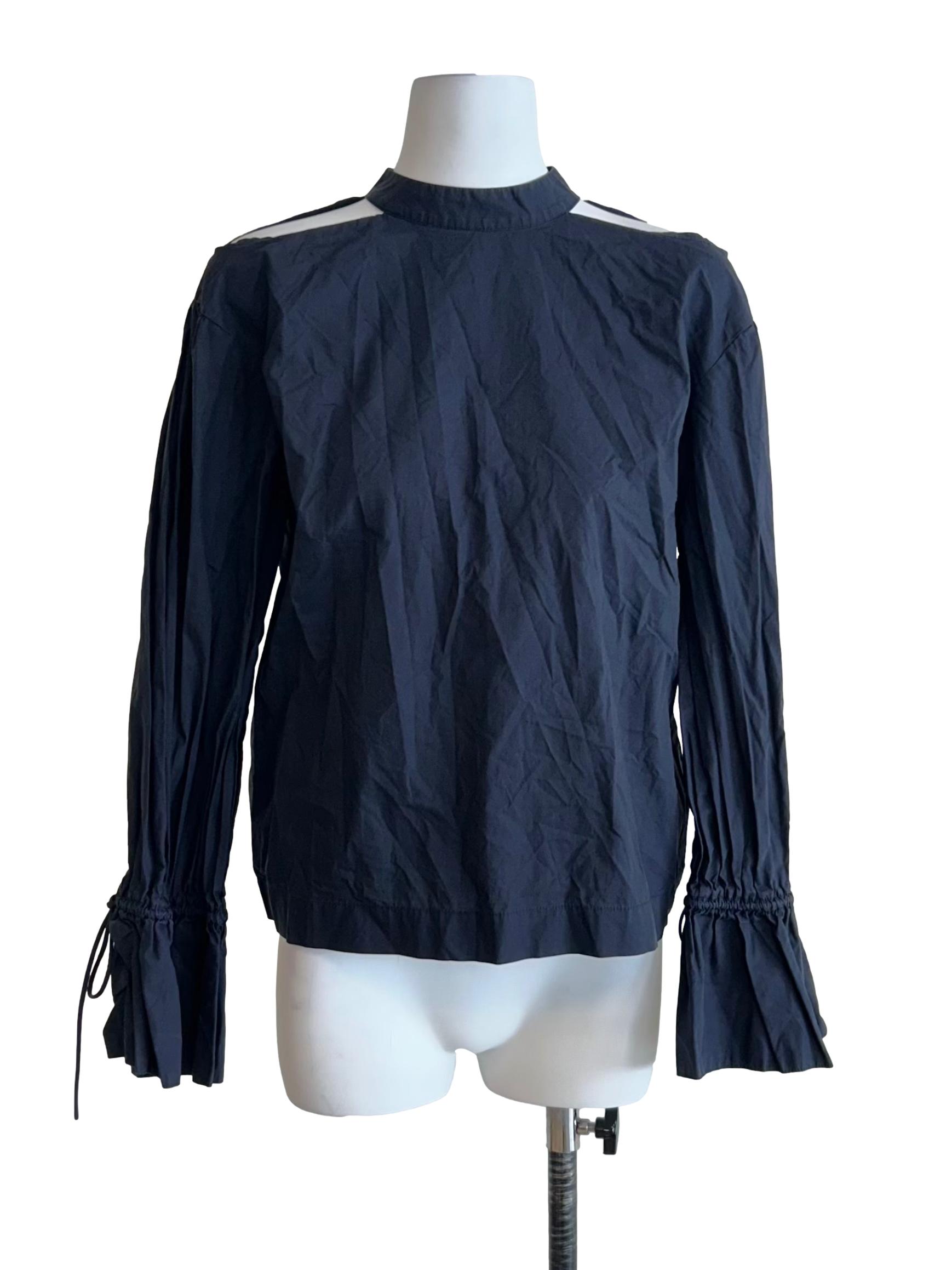 Spruce Blue High-Neck Long-Sleeve Blouse