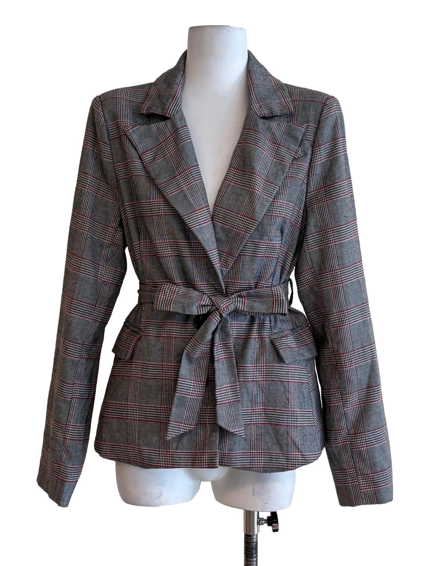 Coin Grey Plaid Tied Front Blazer