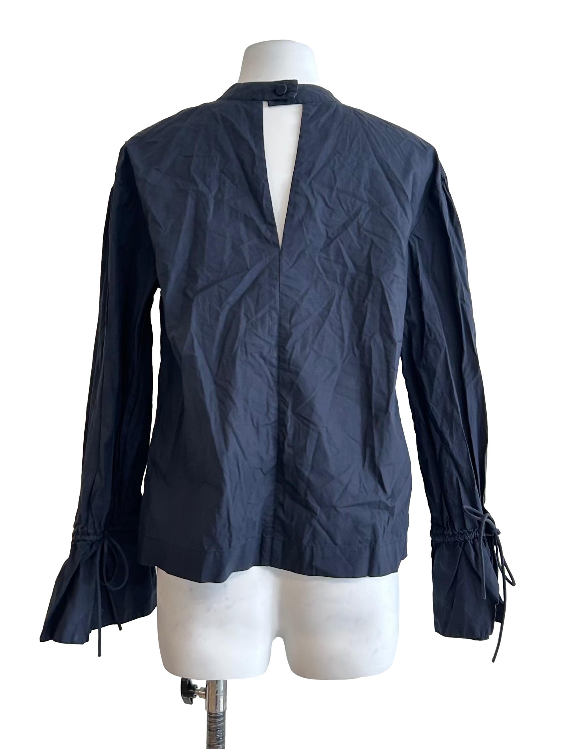 Spruce Blue High-Neck Long-Sleeve Blouse