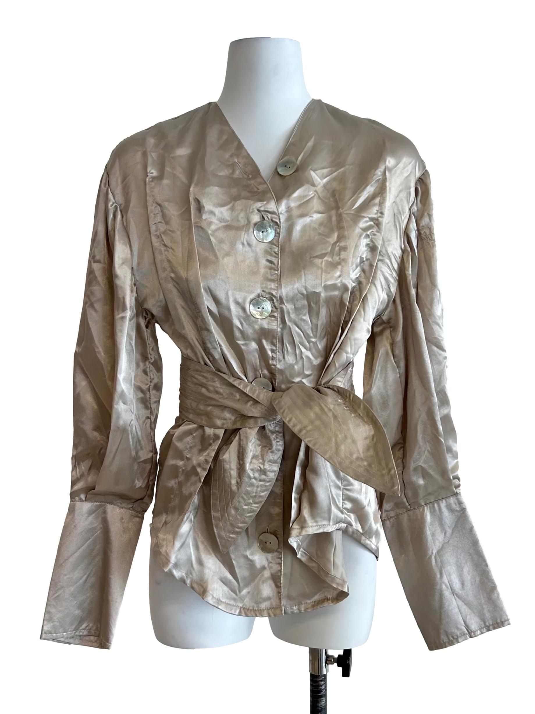 Champagne Satin Button-Front Blouse