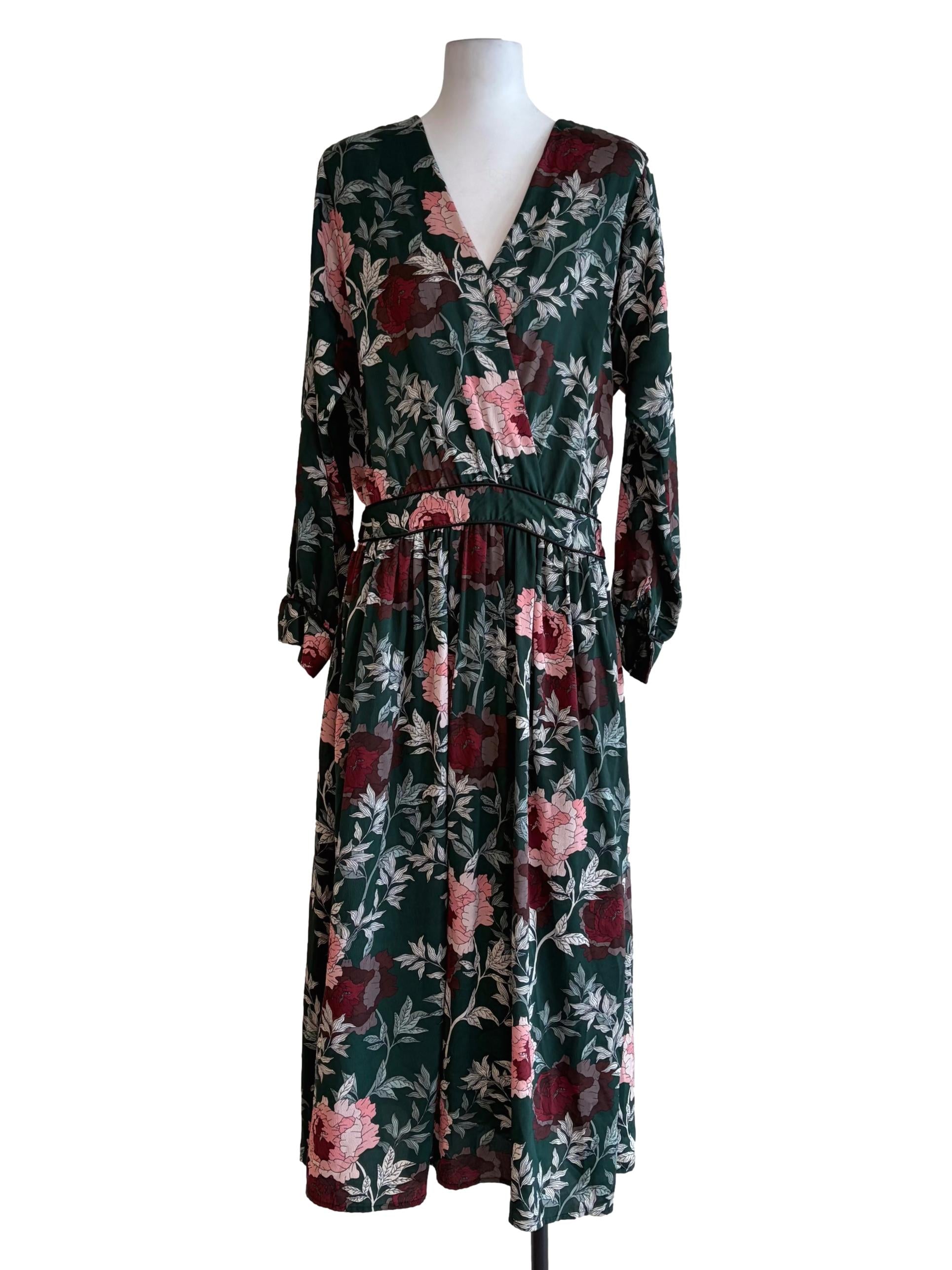 Forest Green Floral Print Long Sleeve Dress