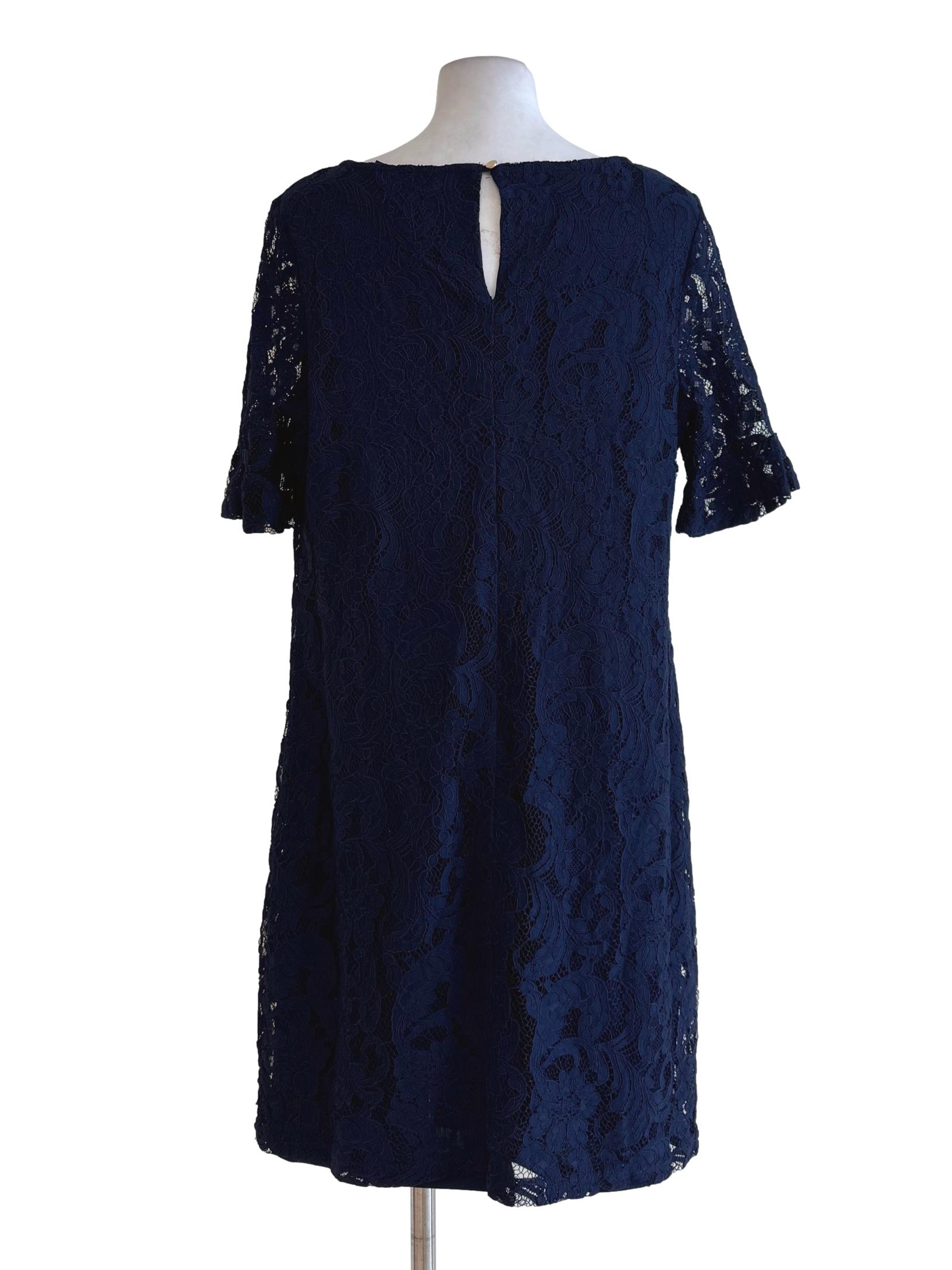 Navy Blue Lace Round Neck Straight Cut Dress