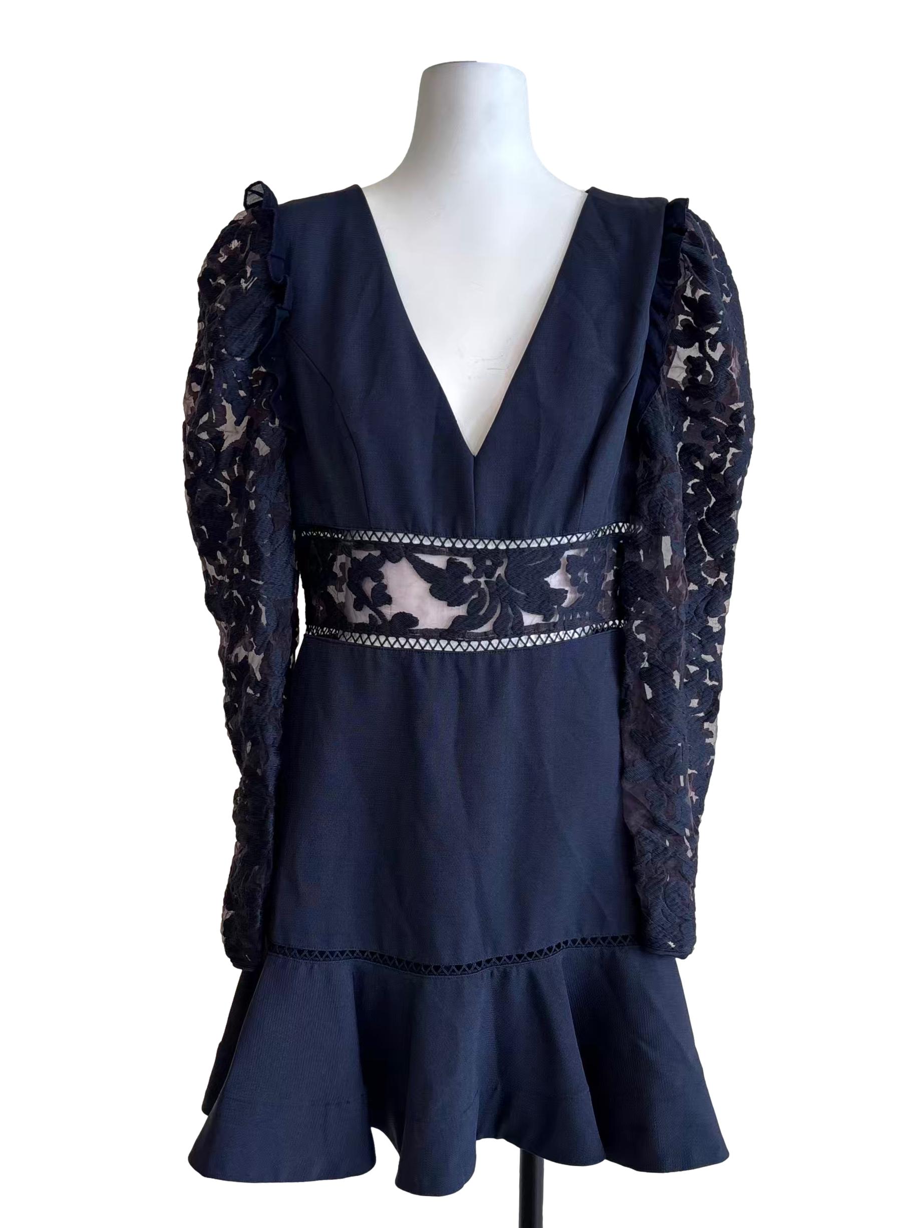 Navy Blue Lace Sleeve A-Line Dress