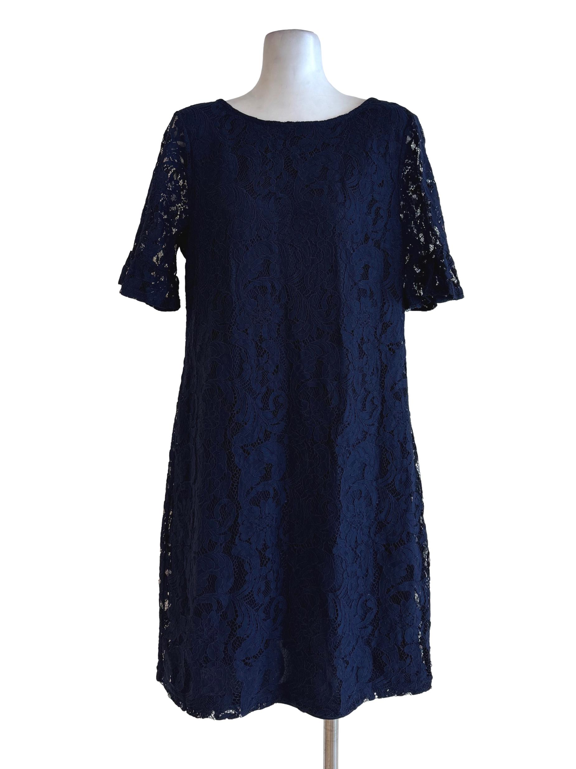 Navy Blue Lace Round Neck Straight Cut Dress