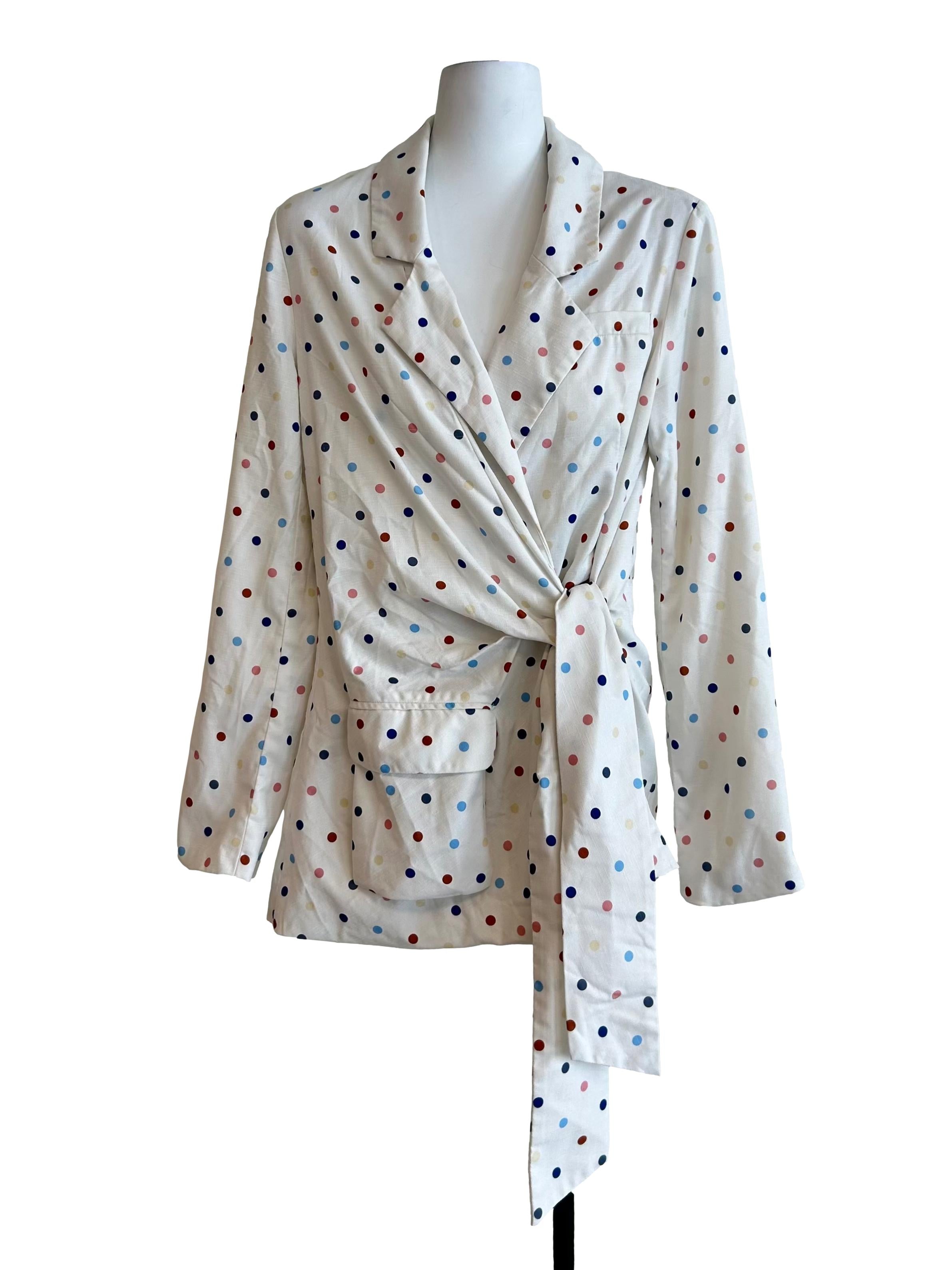 White Multicolor Polka-Dot Wrap Blazer