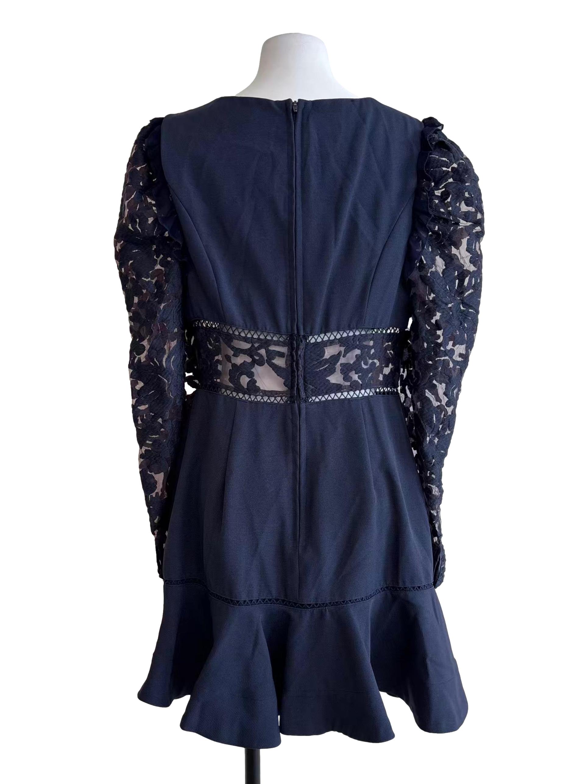 Navy Blue Lace Sleeve A-Line Dress