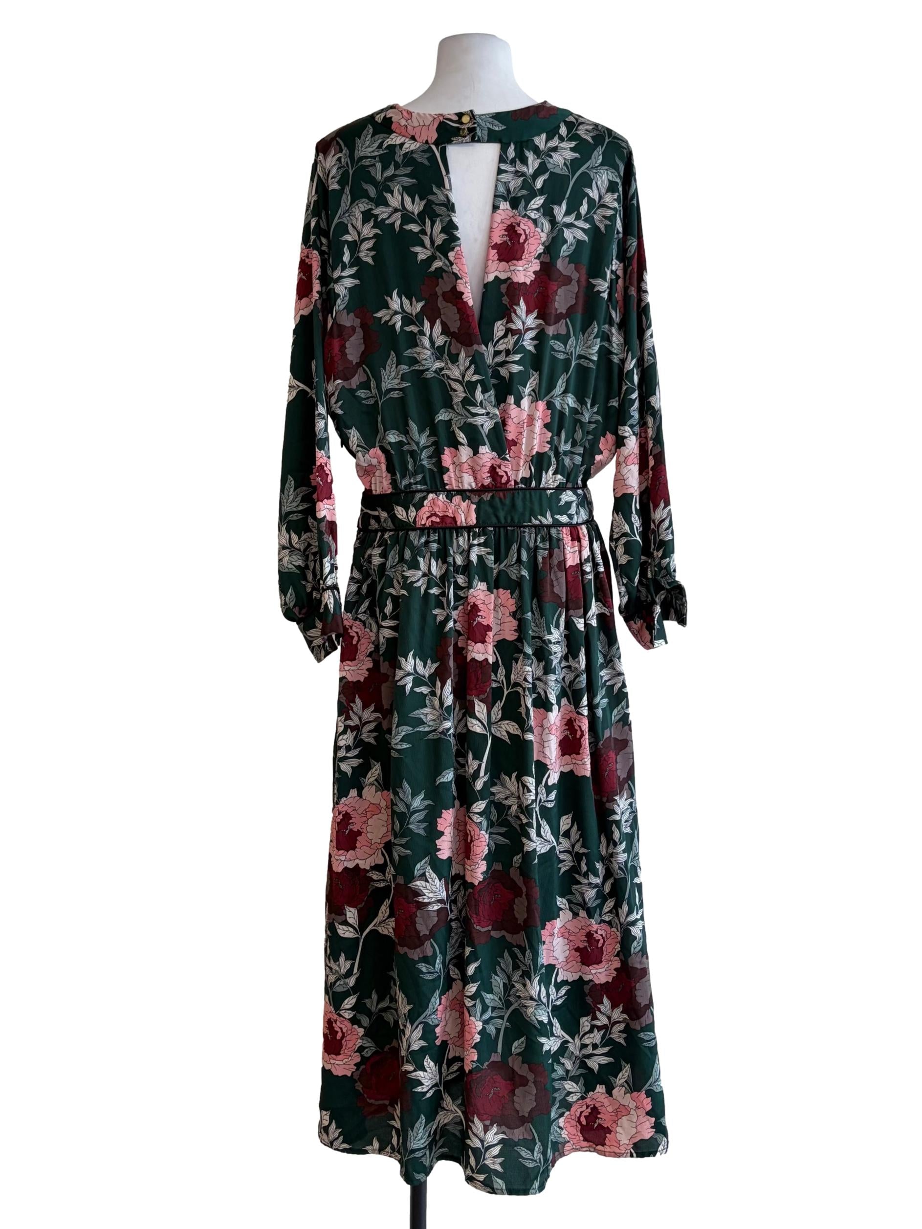 Forest Green Floral Print Long Sleeve Dress