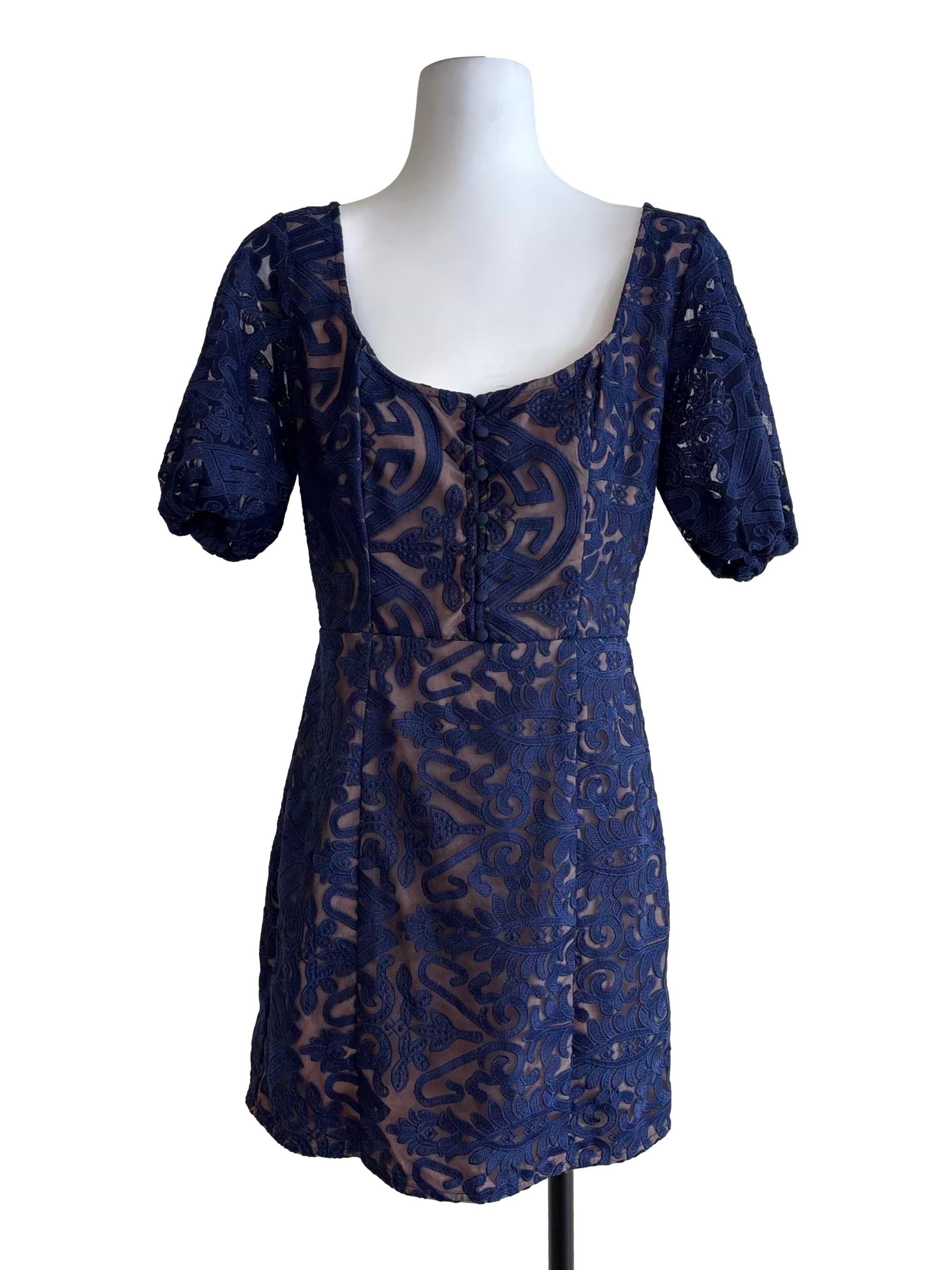 Navy Blue Puff Sleeve A-Line Sheath Dress