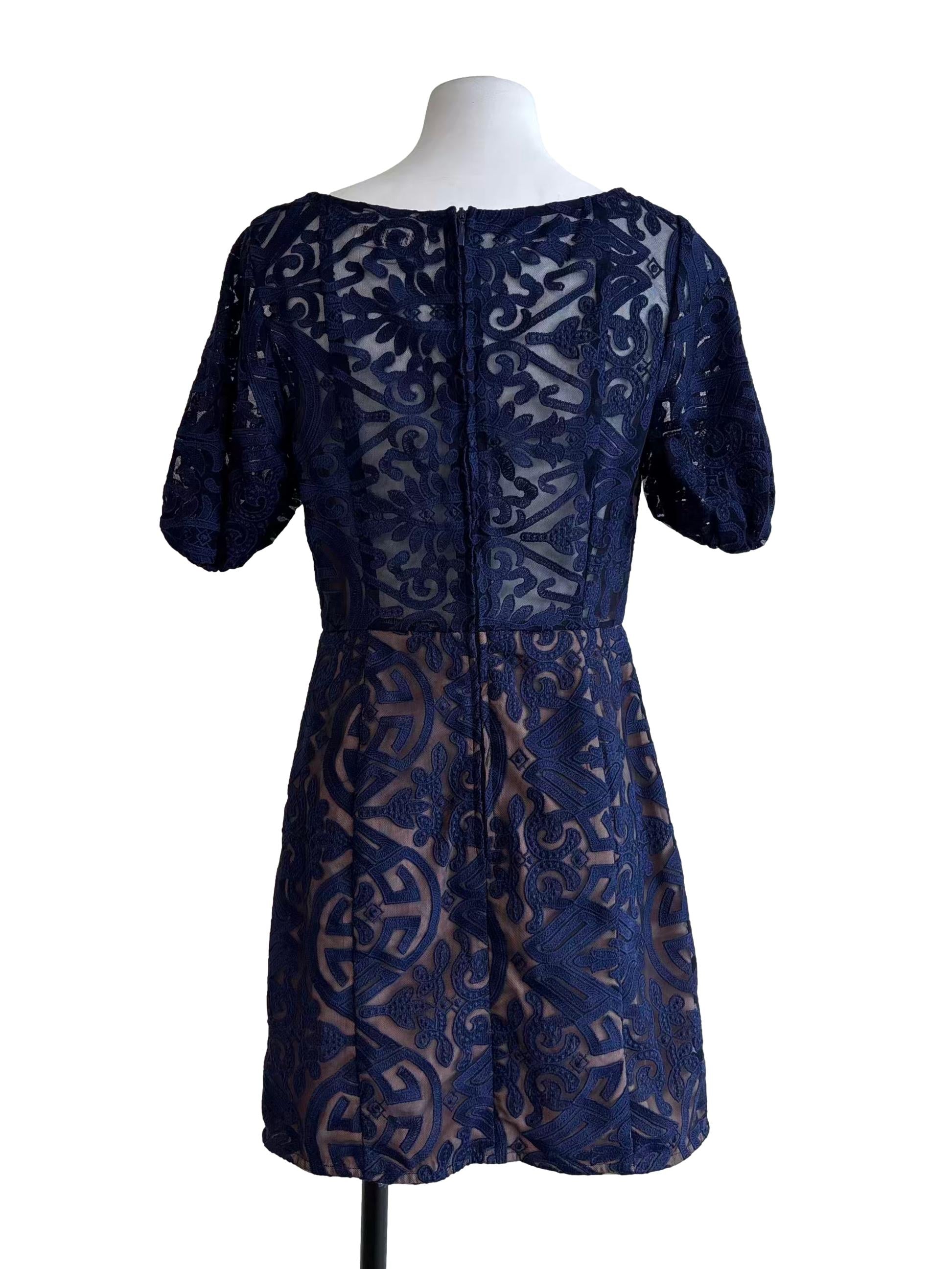 Navy Blue Puff Sleeve A-Line Sheath Dress