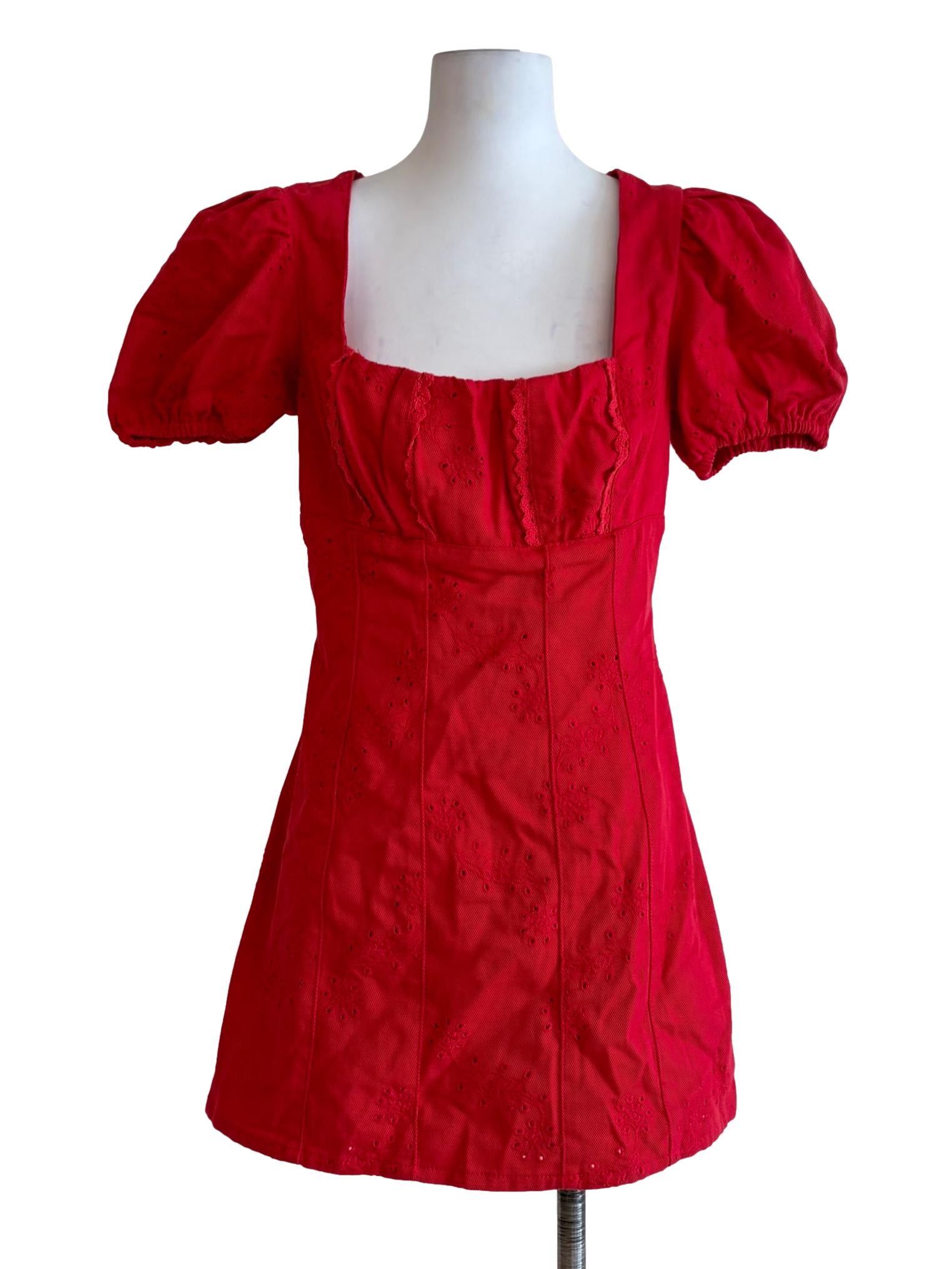 Candy Red Eyelet Puffy Sleeve Dress