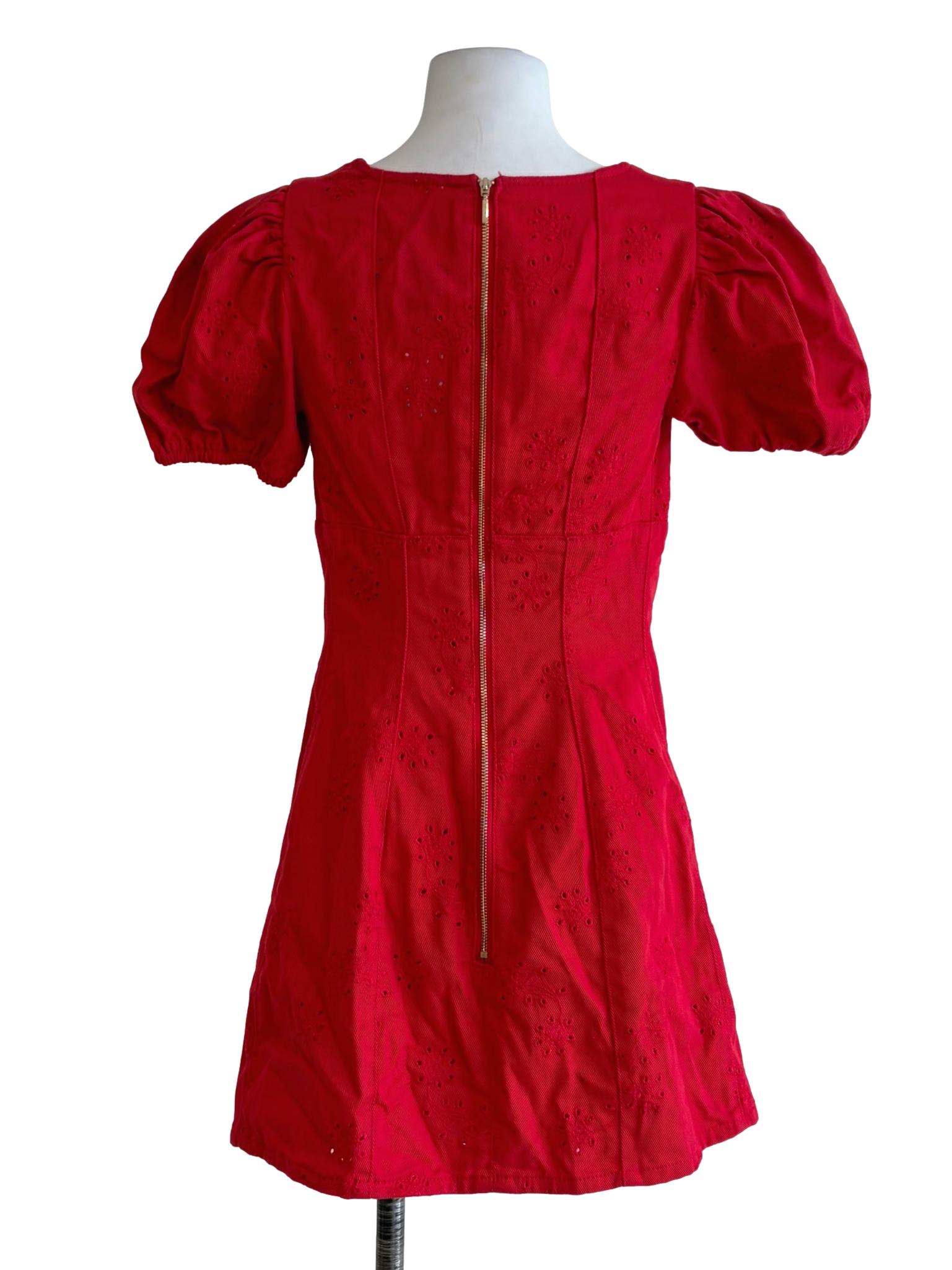 Candy Red Eyelet Puffy Sleeve Dress