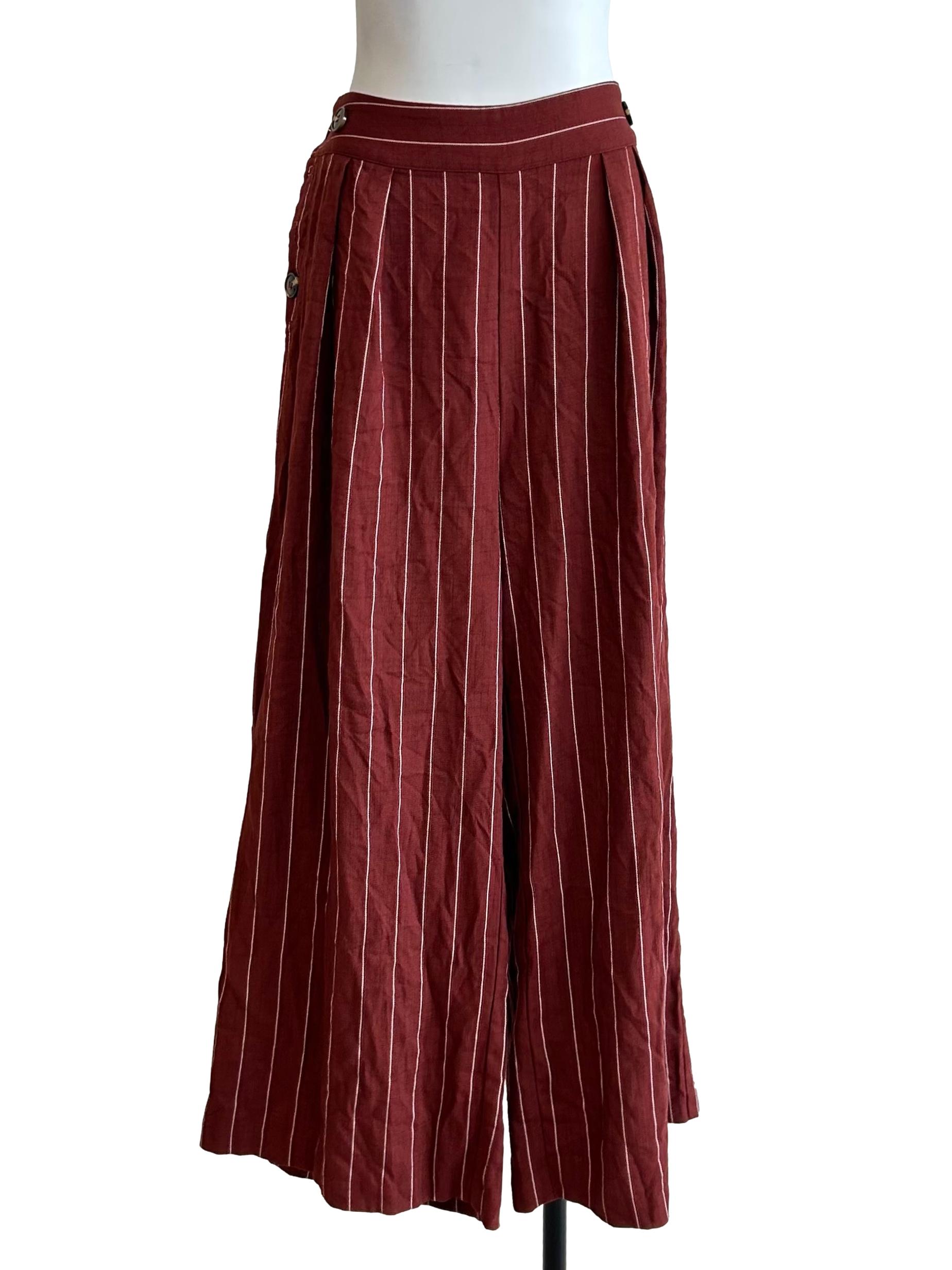 Terracotta Pinstriped Pleated Wide-Leg Trousers