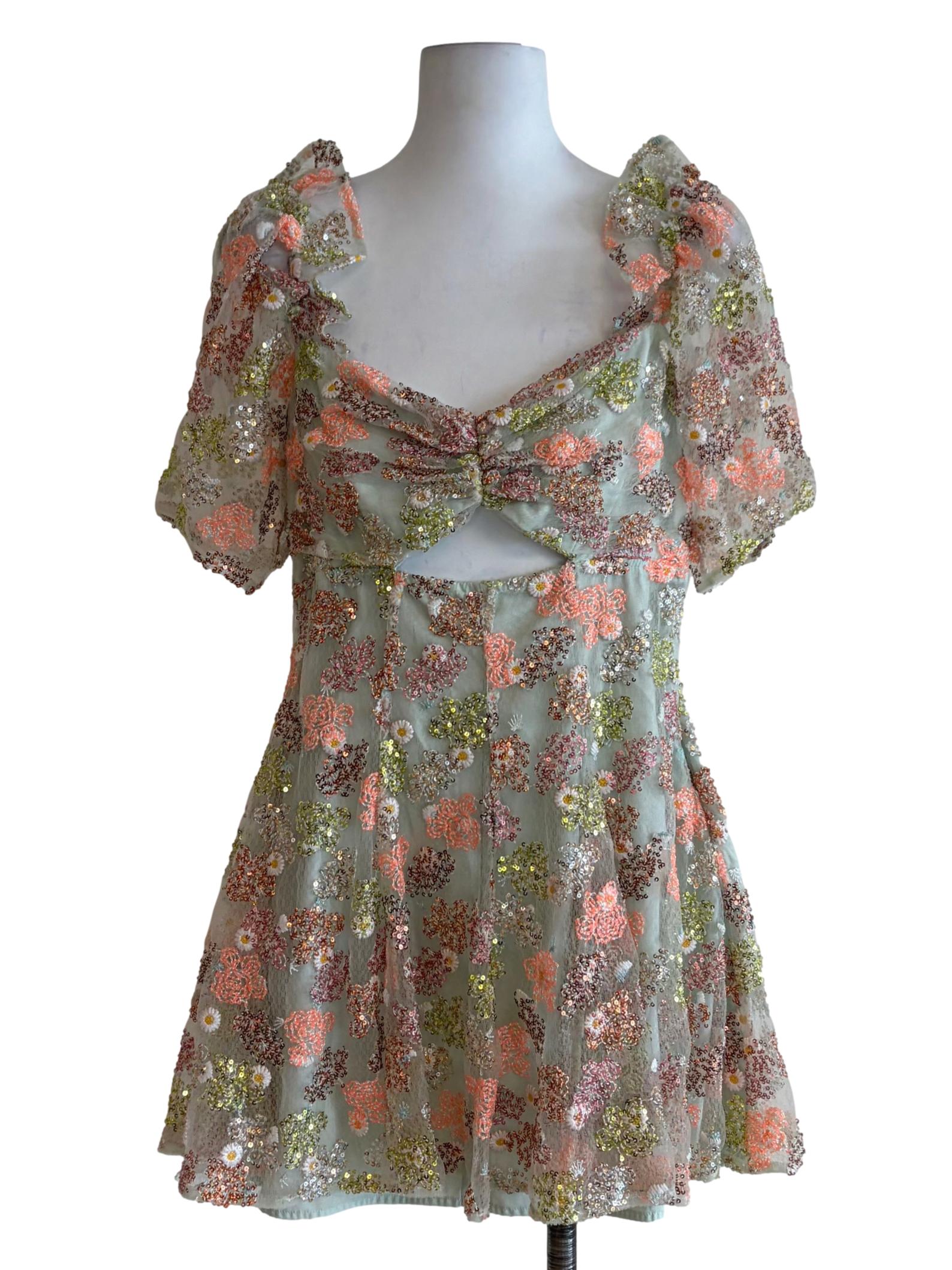 Mint Green Beaded Floral Details Puff Sleeve Dress