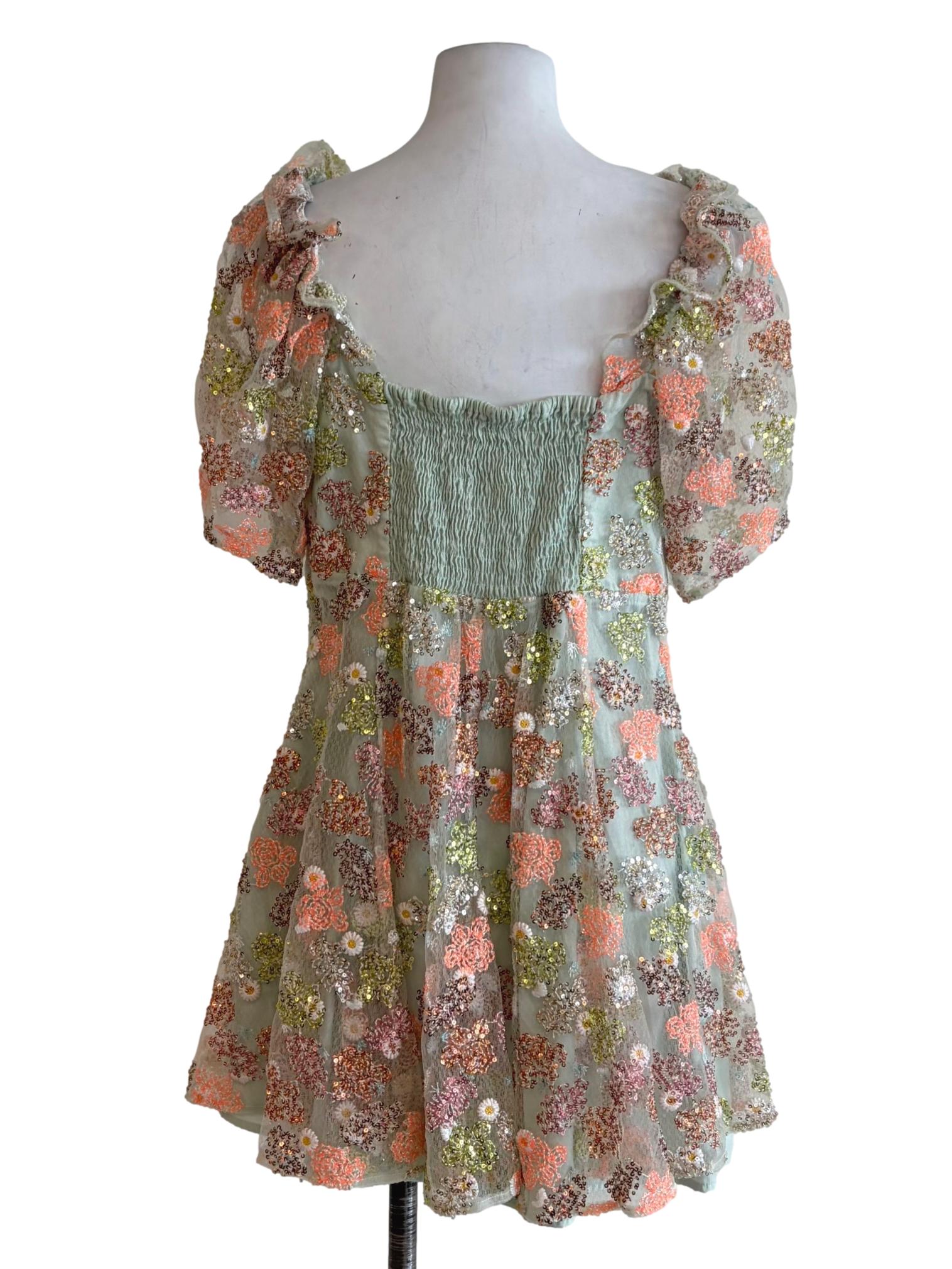 Mint Green Beaded Floral Details Puff Sleeve Dress
