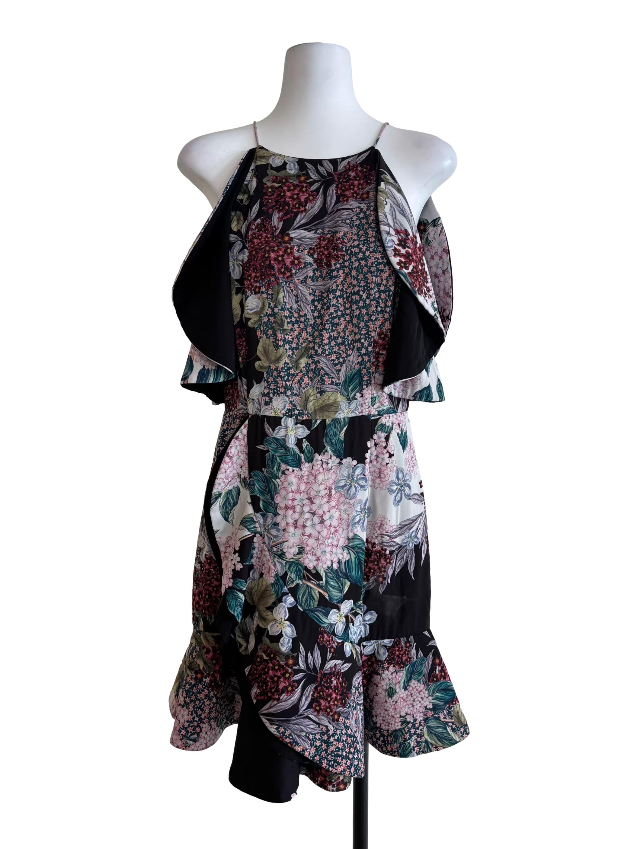 Jet Black Multicolour Floral Ruffle Dress