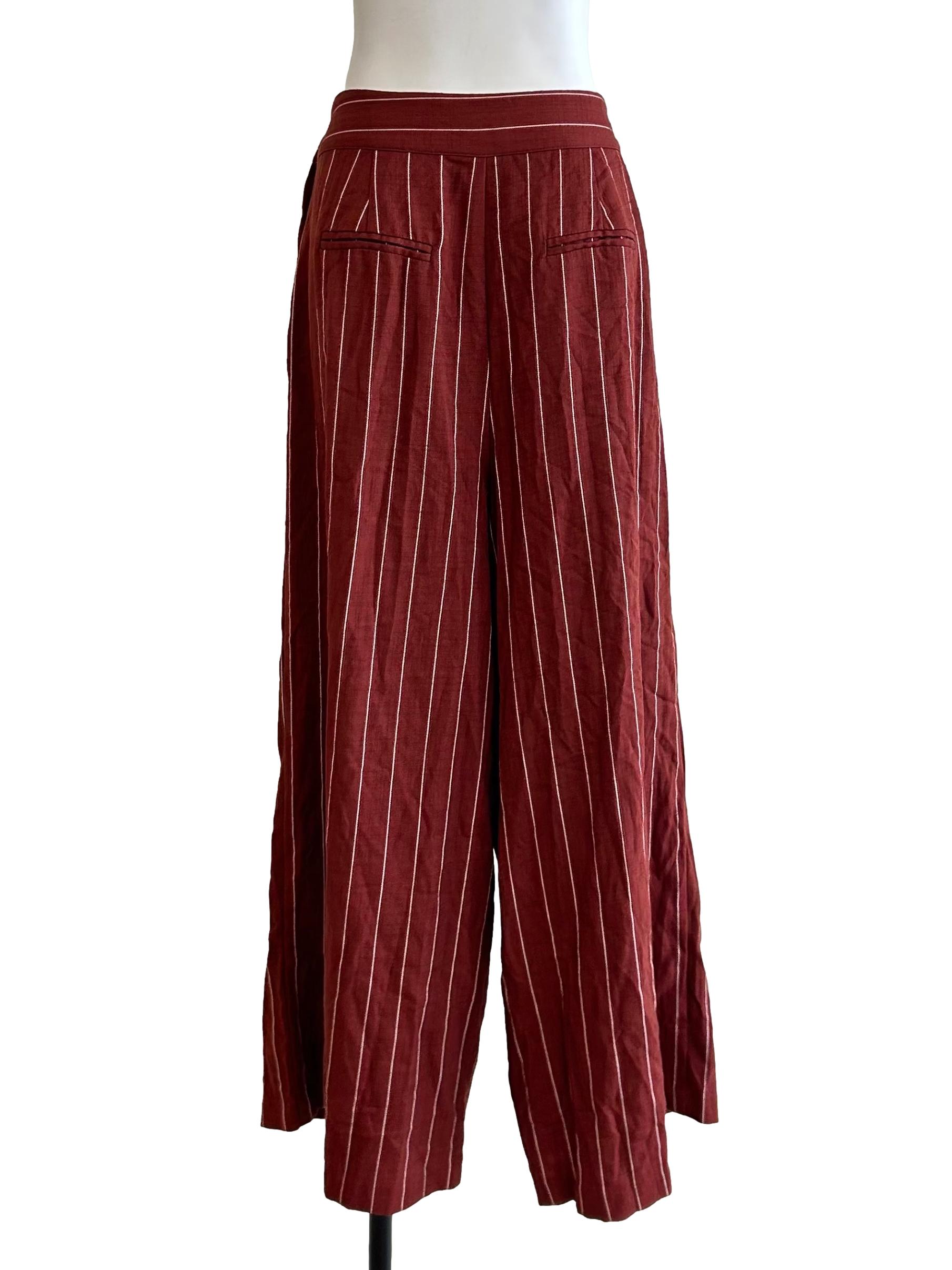 Terracotta Pinstriped Pleated Wide-Leg Trousers
