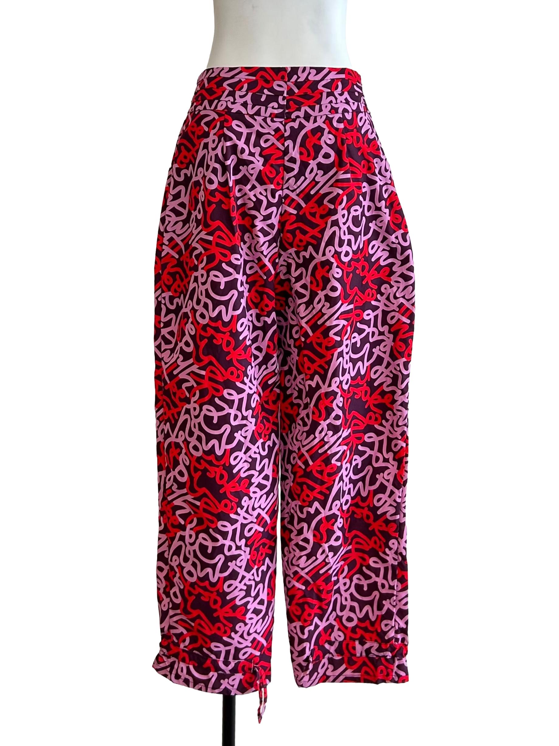 Red And Purple Abstract Script Print Trousers