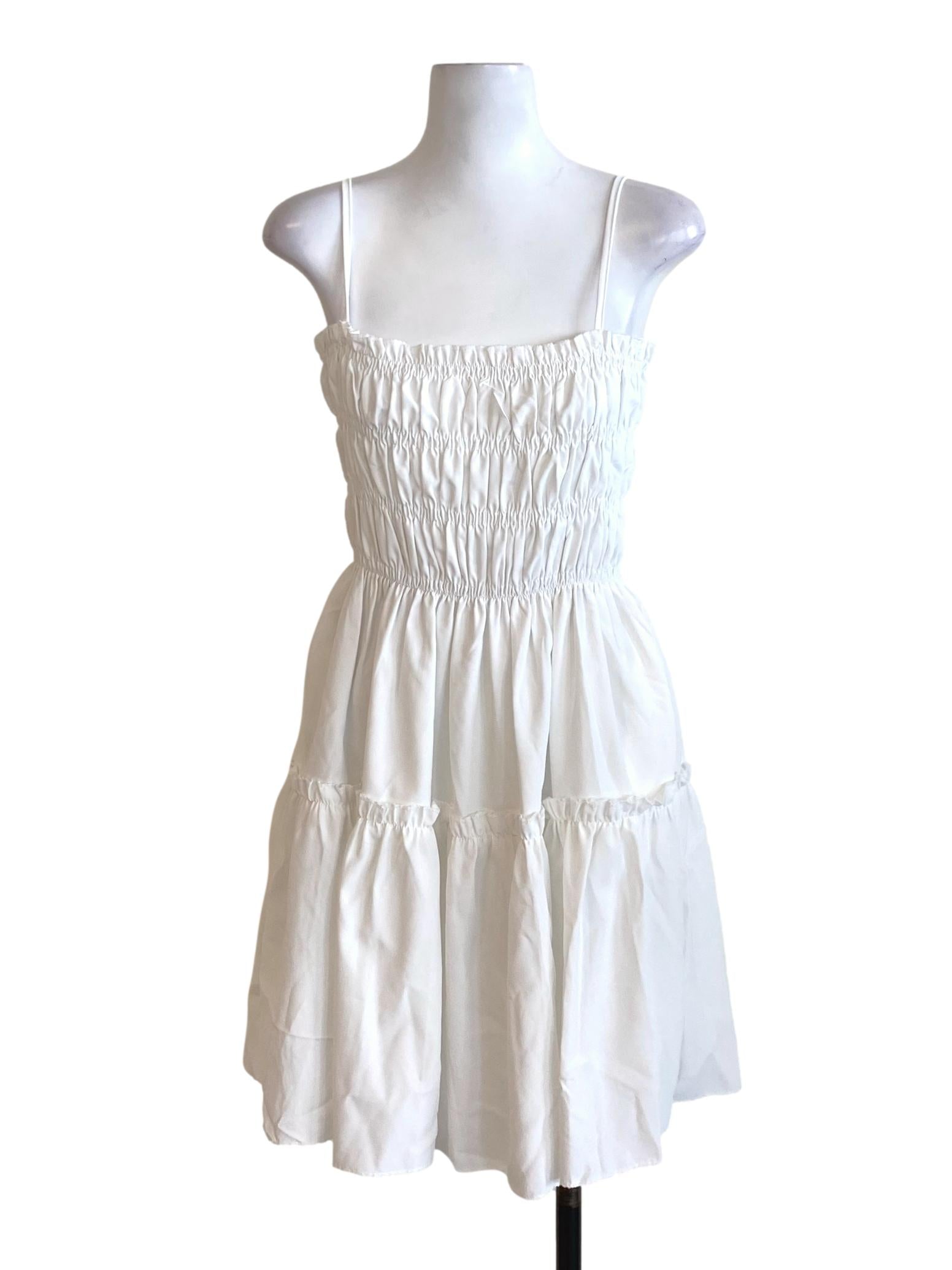Soft White Spaghetti Strap Ruffle Detail A-Line Dress