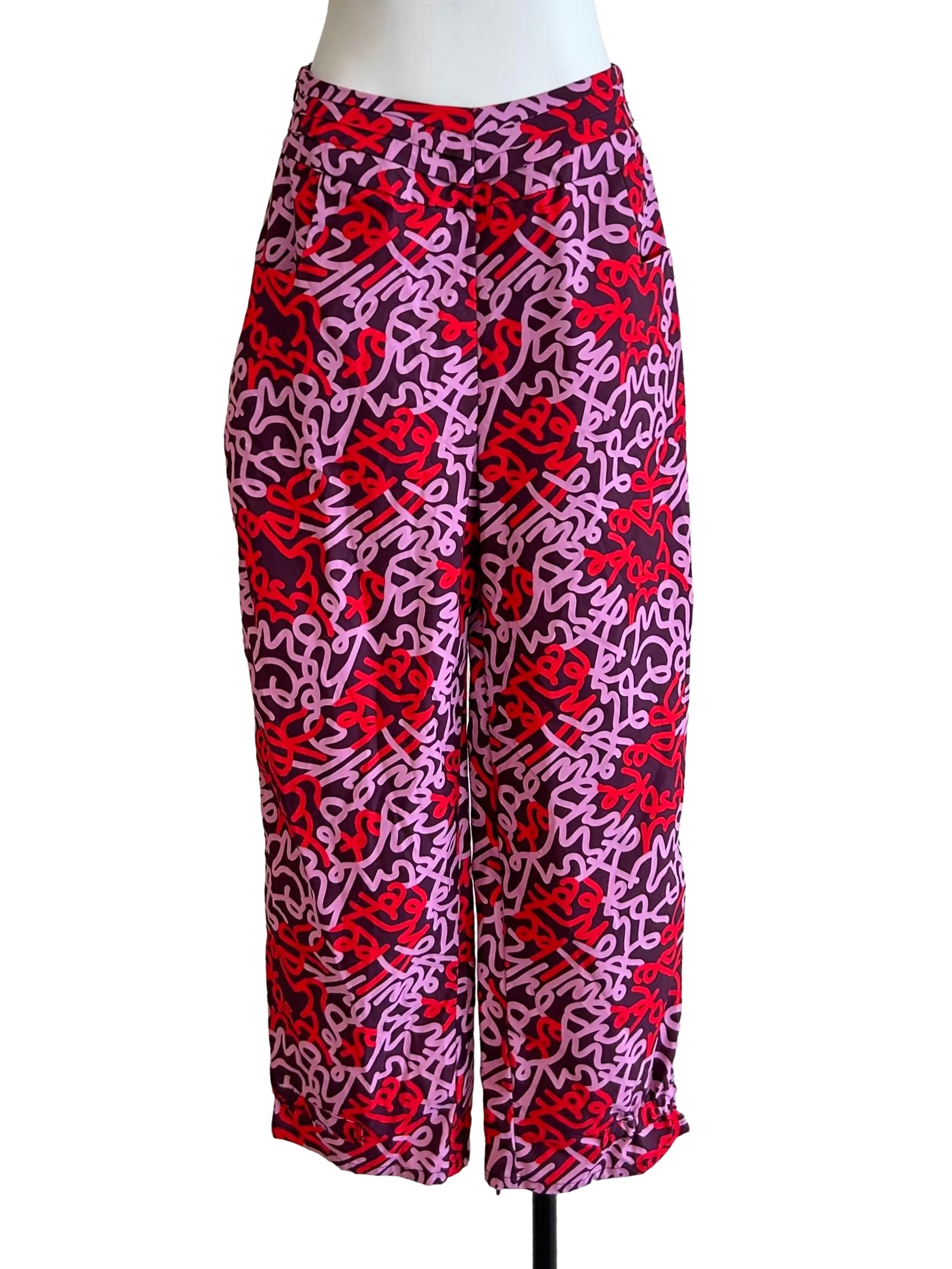 Red And Purple Abstract Script Print Trousers