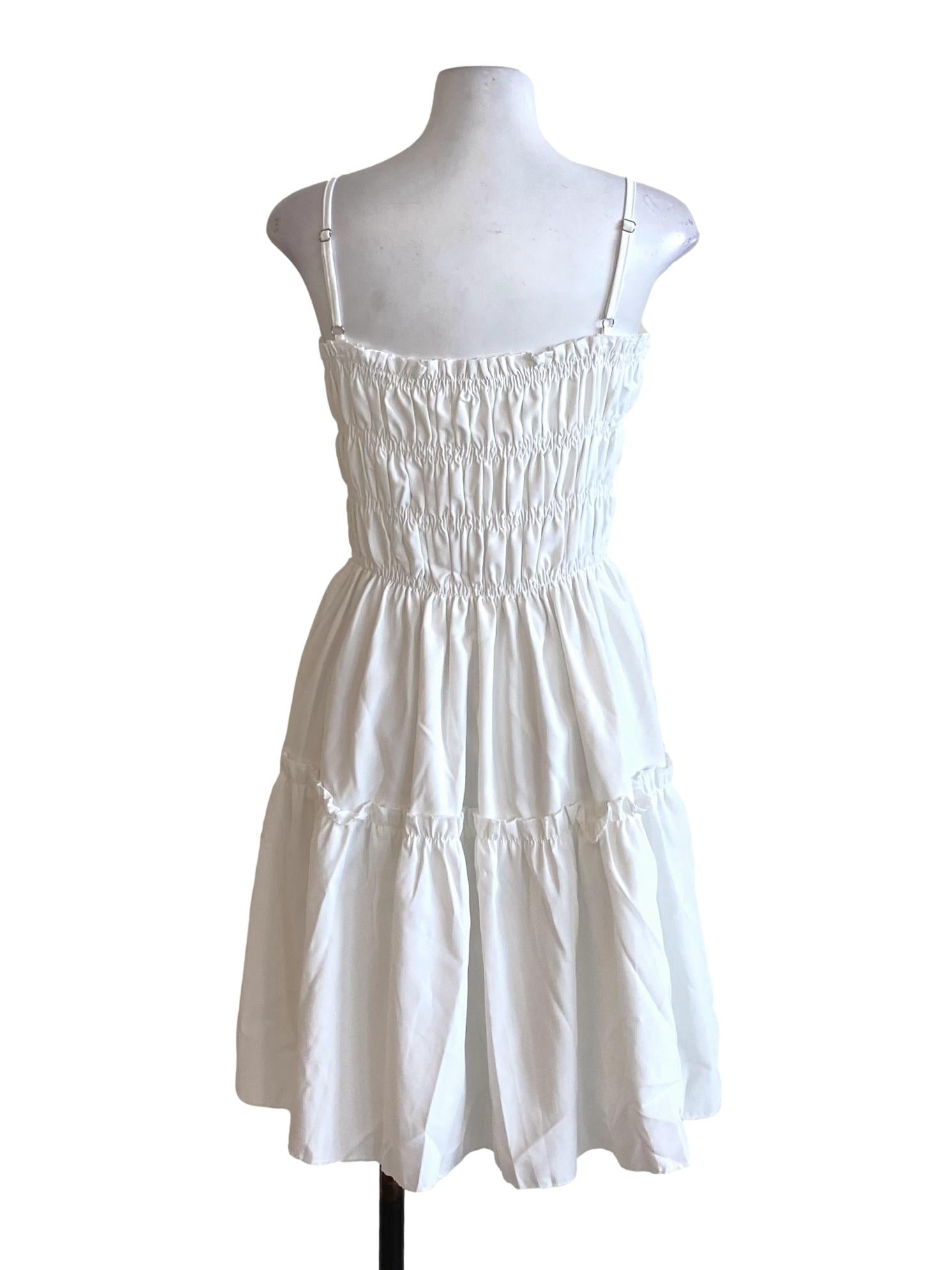 Soft White Spaghetti Strap Ruffle Detail A-Line Dress