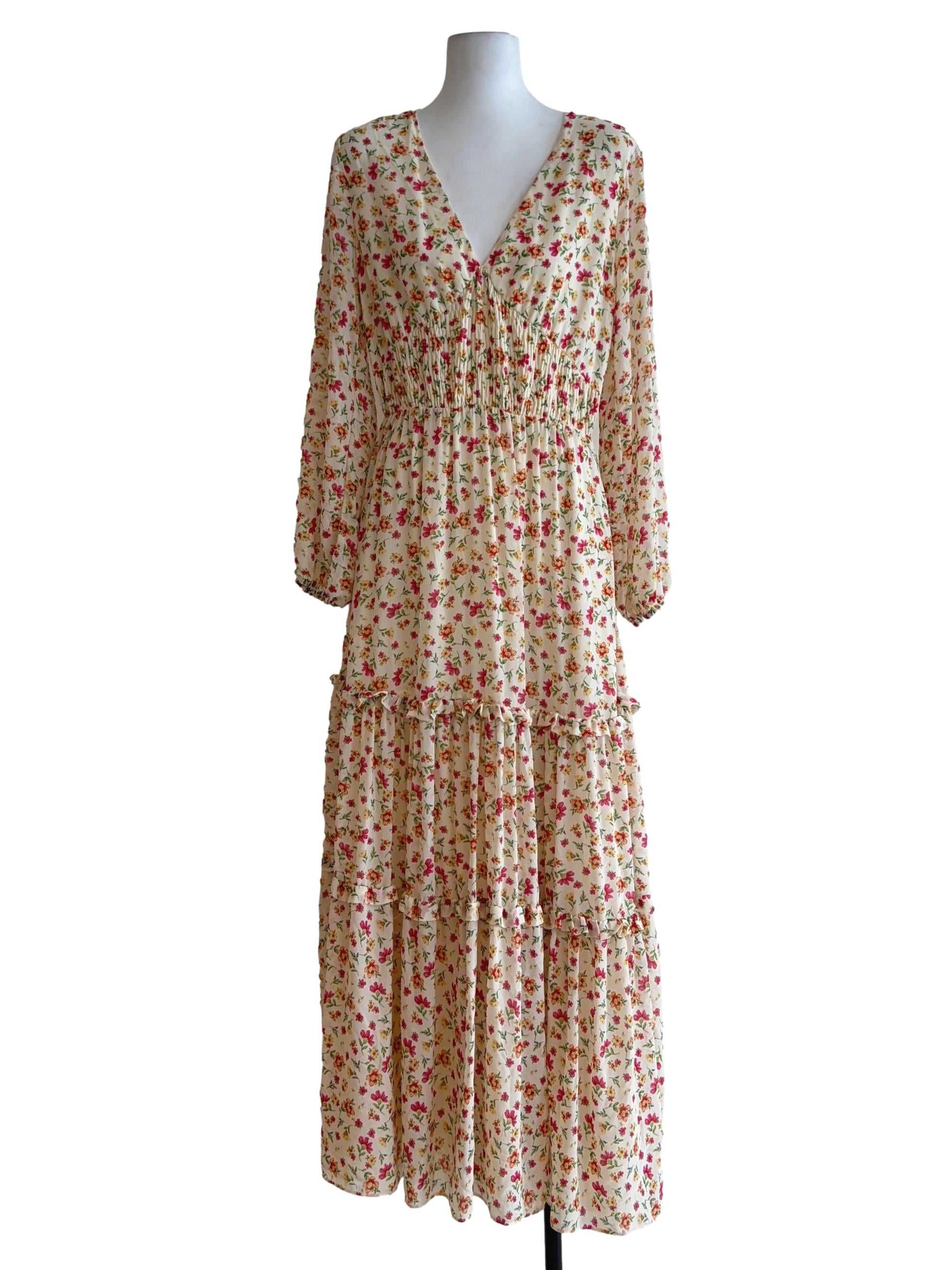 Butter Yellow Floral Print Ruched Waist Long Sleeve Dress