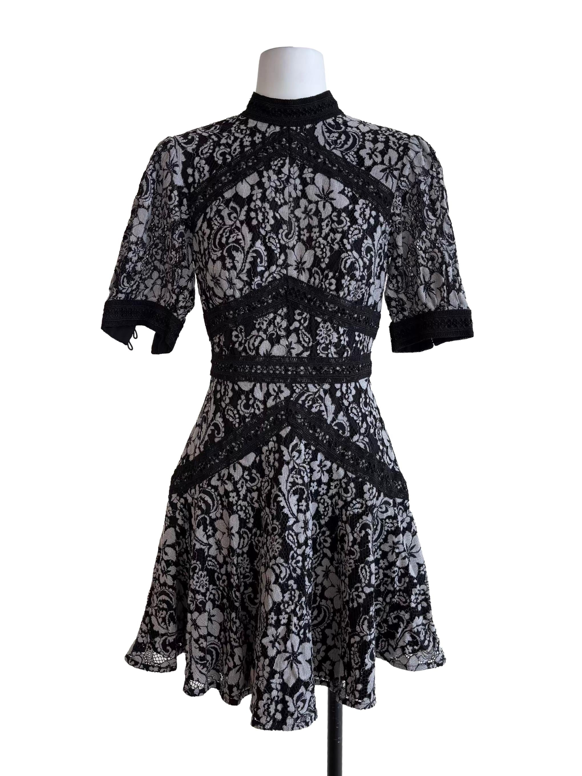 Black And Chrome Grey A-Line Lace Dress