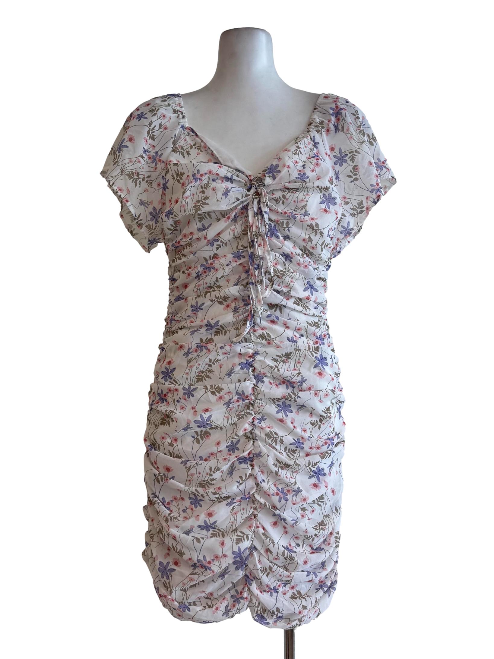 White With Purple And Pink Floral Motif Bodycon Dress