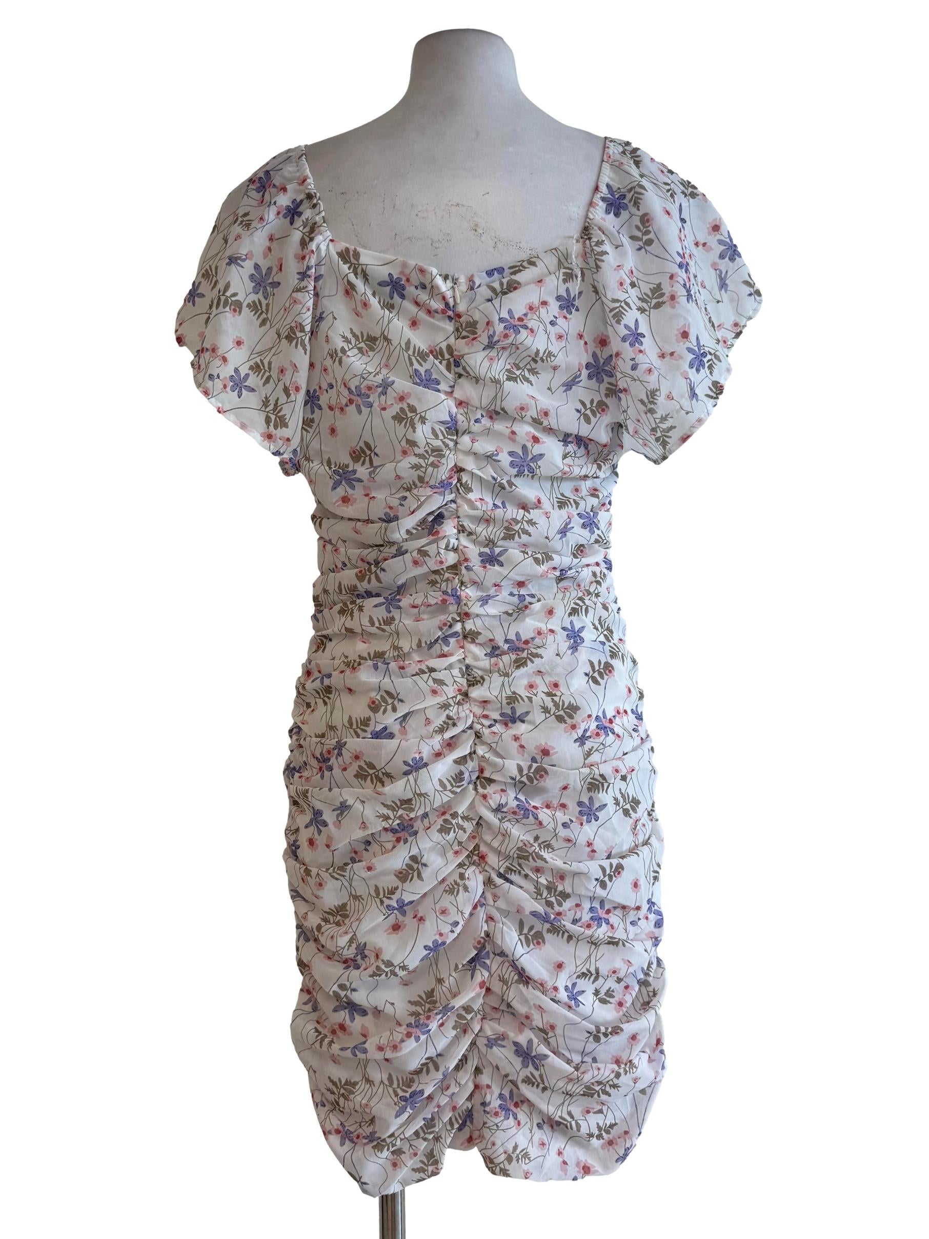 White With Purple And Pink Floral Motif Bodycon Dress