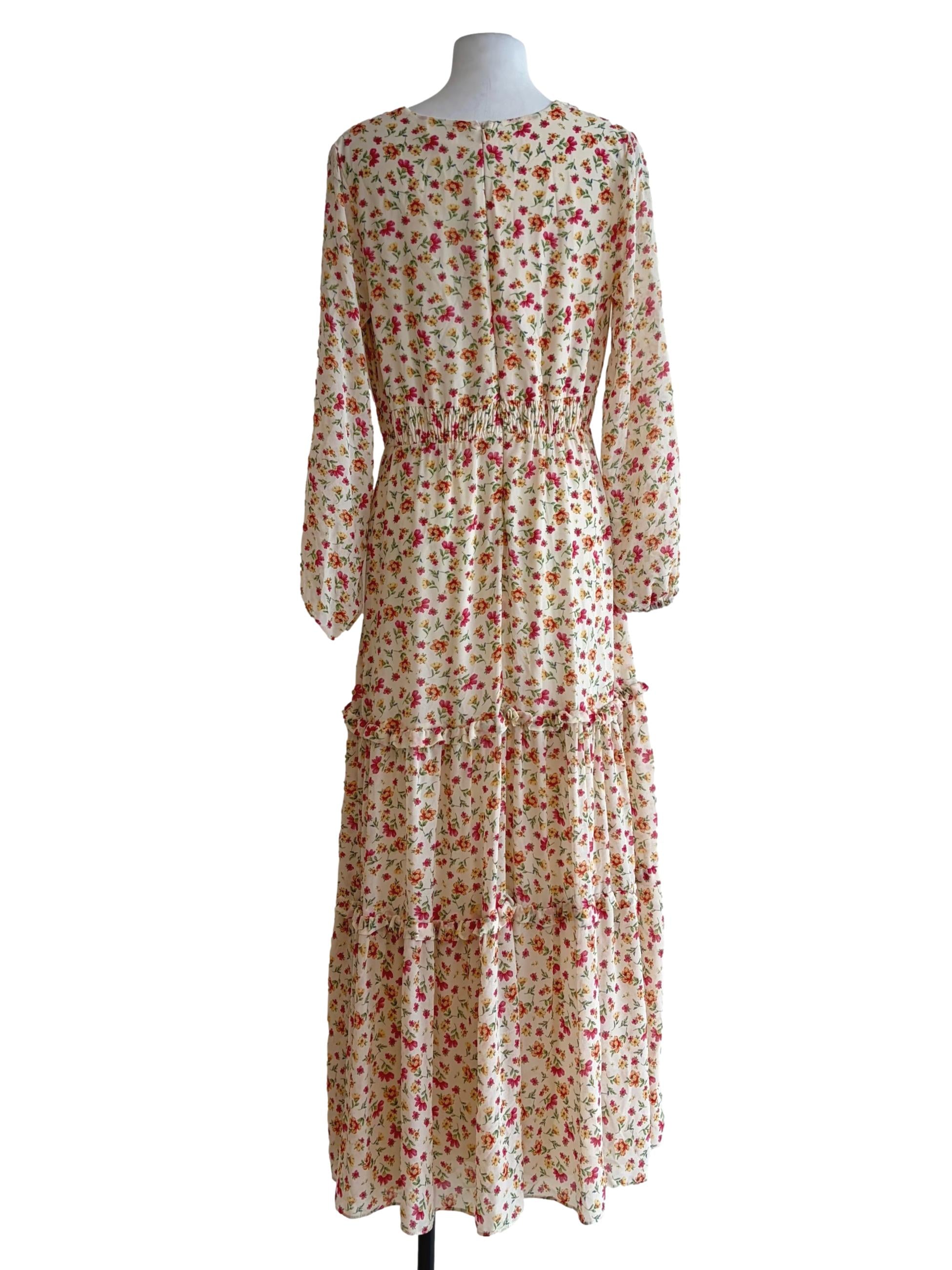 Butter Yellow Floral Print Ruched Waist Long Sleeve Dress